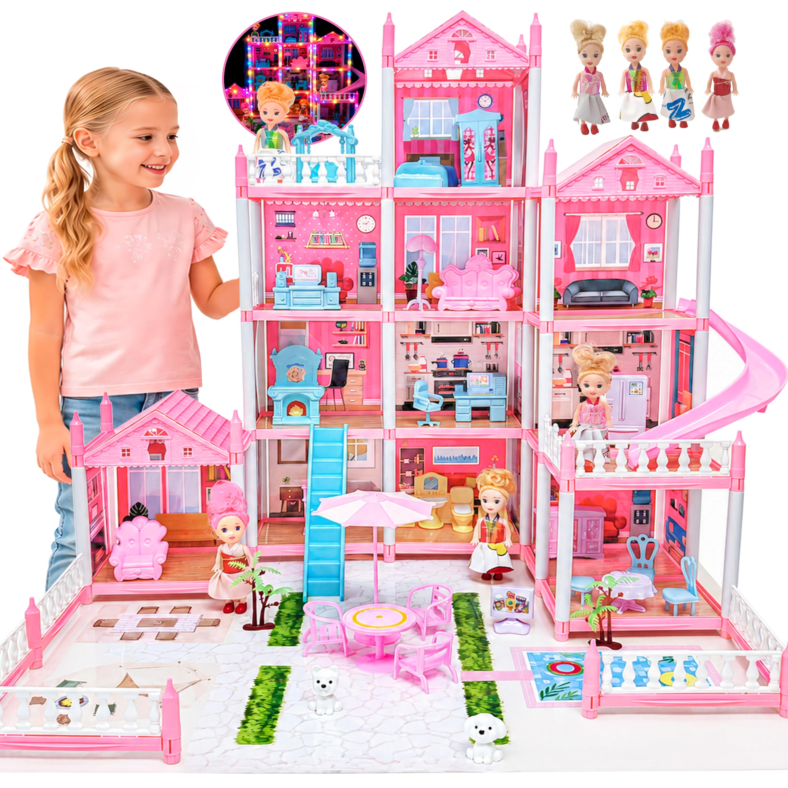 Doll House for Girls 3-12 Years Old 12 Rooms Dream Dollhouse with Lights, Play Mat, Dolls, Furniture & Rich Accessories