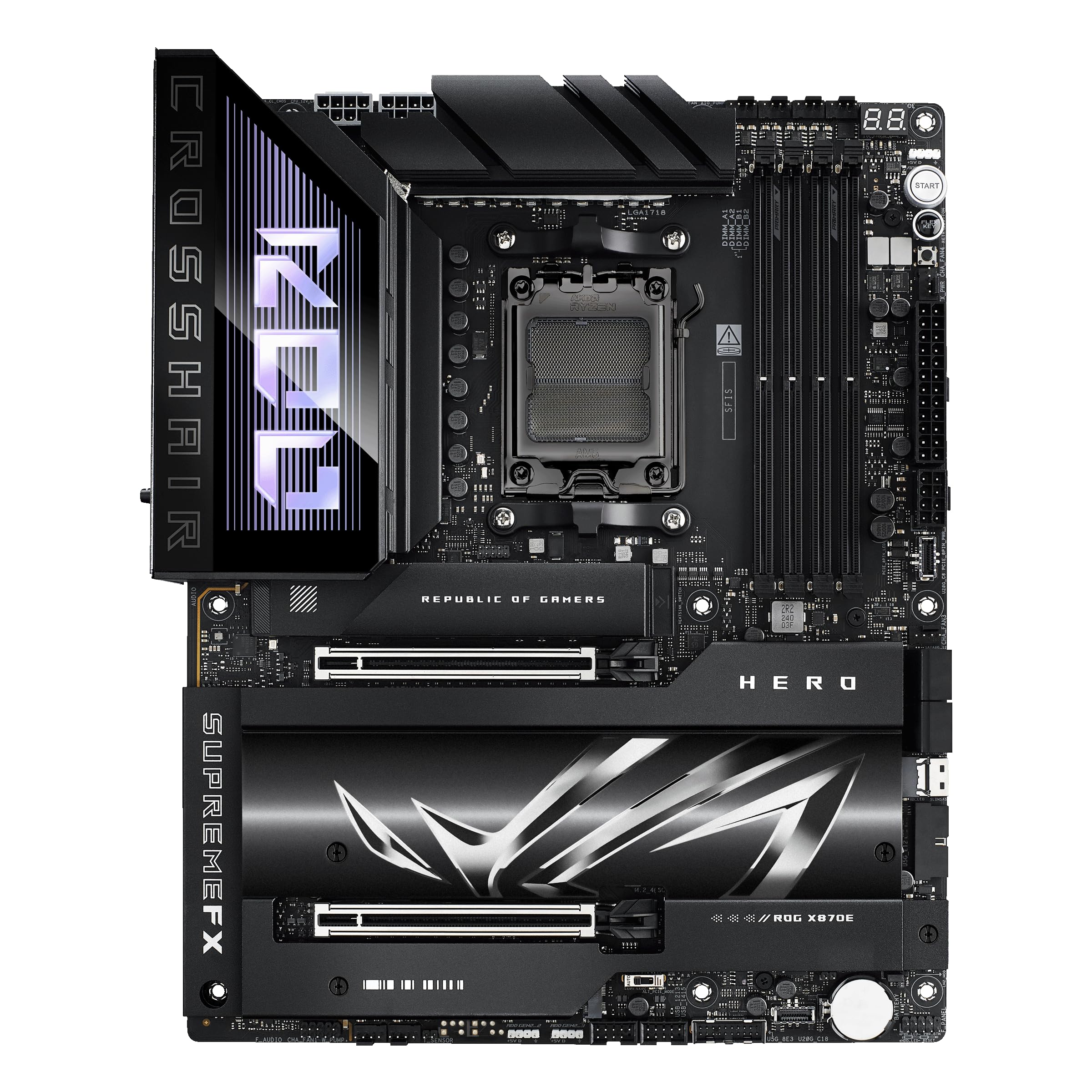 ASUS ROG CROSSHAIR X870E HERO Mainboard Sockel AM5 (AMD, X870E, ATX, Advanced AI PC-ready, 18+2+2 Power Stages, Dynamic OC Switcher, Core Flex, DDR5, Wi-Fi 7, M.2, PCIe 5.0)