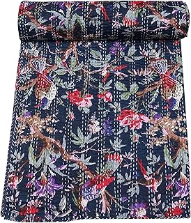 Marubhumi Indian Handmade Stitched Pure Cotton Bohemian Bird Print Kanth...