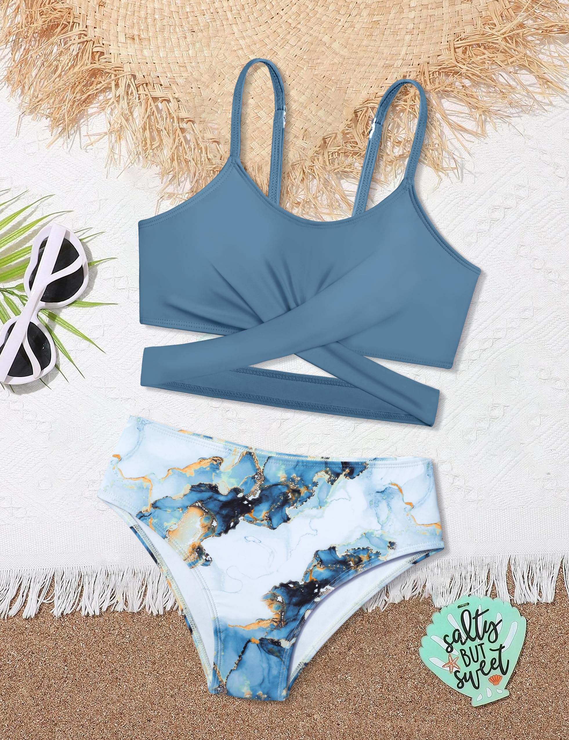 Traje de baño para niñas, conjunto de bikini de dos piezas, traje de baño entrecruzado para niñas con almohadilla en el pecho