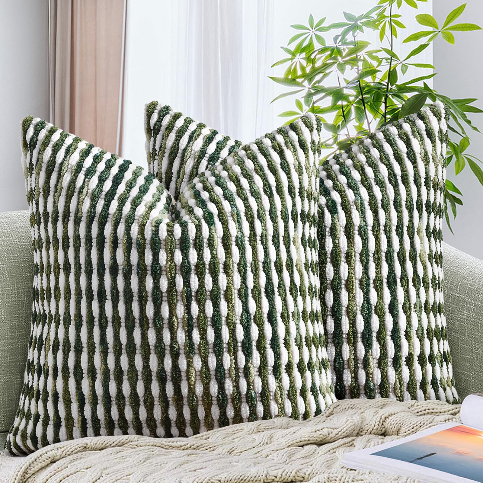 amhoo set of 2 boho chenille pillow cover decorative tufted pillowcase for couch bed sofa bedroom living room modern 18 x 18-inch sage green