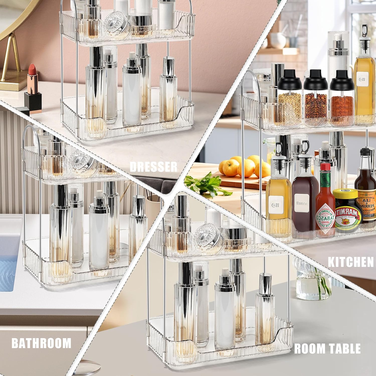 Bathroom Counter Organizer Countertop Storage Skincare Countertop Makeup Organizer Cosmetics Skincare Organizers Holder for Perfume-Clear white-silver pole - Image 7
