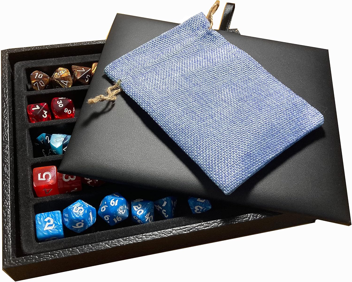 N'icePackaging - Deluxe Black Padded Gaming Dice Tray with Blue-Burlap Travel Dice Pouch - for RPGs/Tabletop/D&D 5e / Dice Rolling - Lightweight - Dungeons and Dragons Compatable