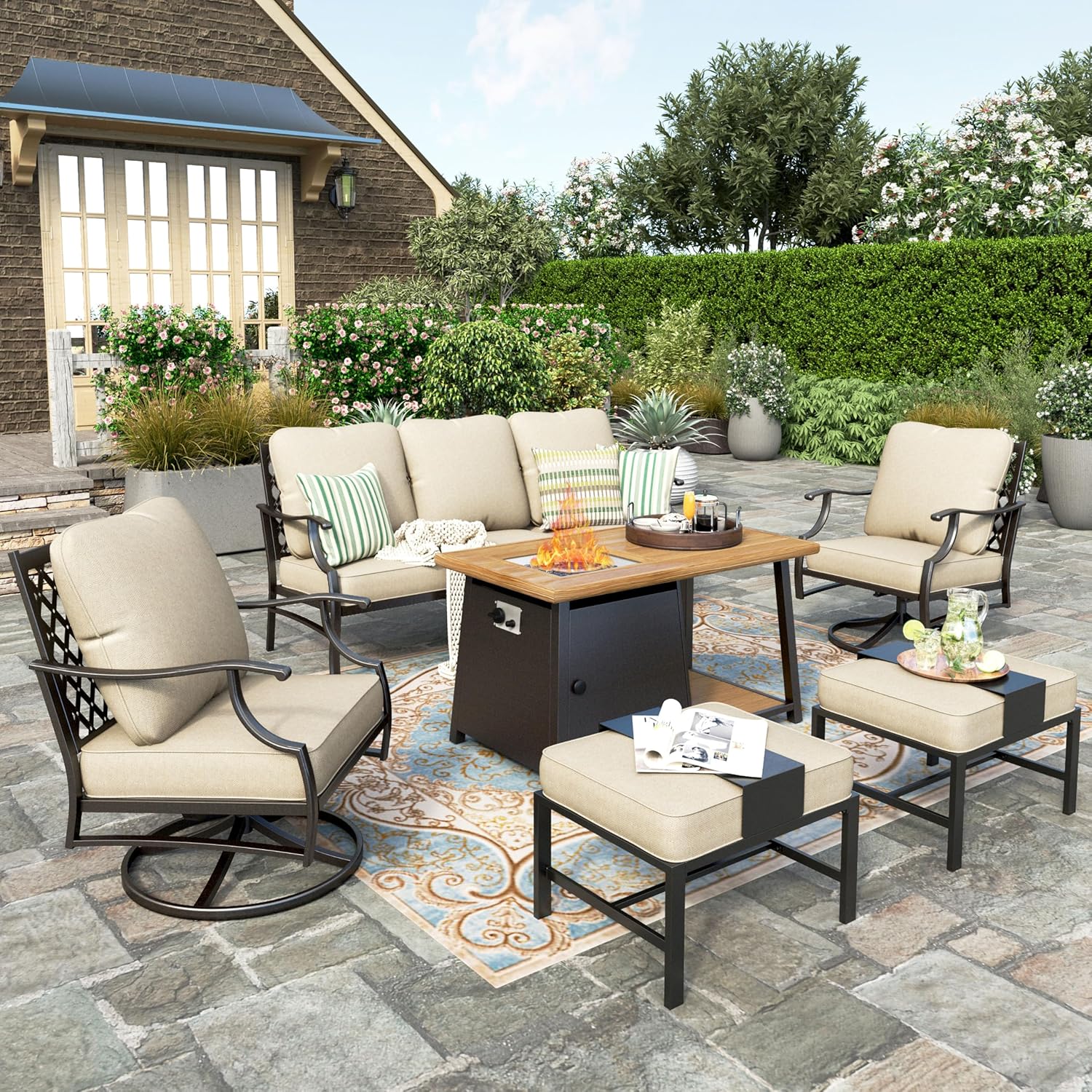 HERA'S HOUSE 6 Pieces Patio Furniture Set with Fire Pit Table, 2 x Swivel Chair, 2 x Ottoman, 3-Seat Sofa with 46" Wood Like Fire Pit Table, Outdoor Conversation Set for Garden, Poolside, Backyard