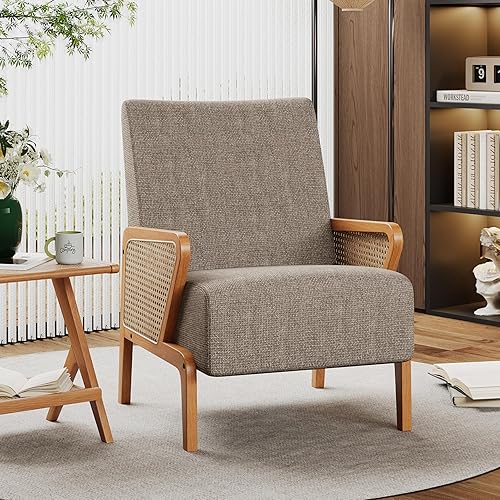 Miniatura 21 de Alunaune Juego de 2 sillas decorativas marrones tapizadas para sala de estar, sillón de ratán natural, moderna de piel sintética, silla de club,