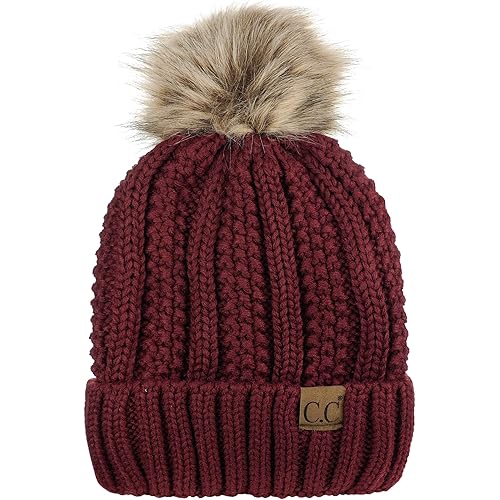 C.C Thick Cable Knit Faux Fuzzy Fur Pom Fleece Lined Skull Cap Cuff Beanie
