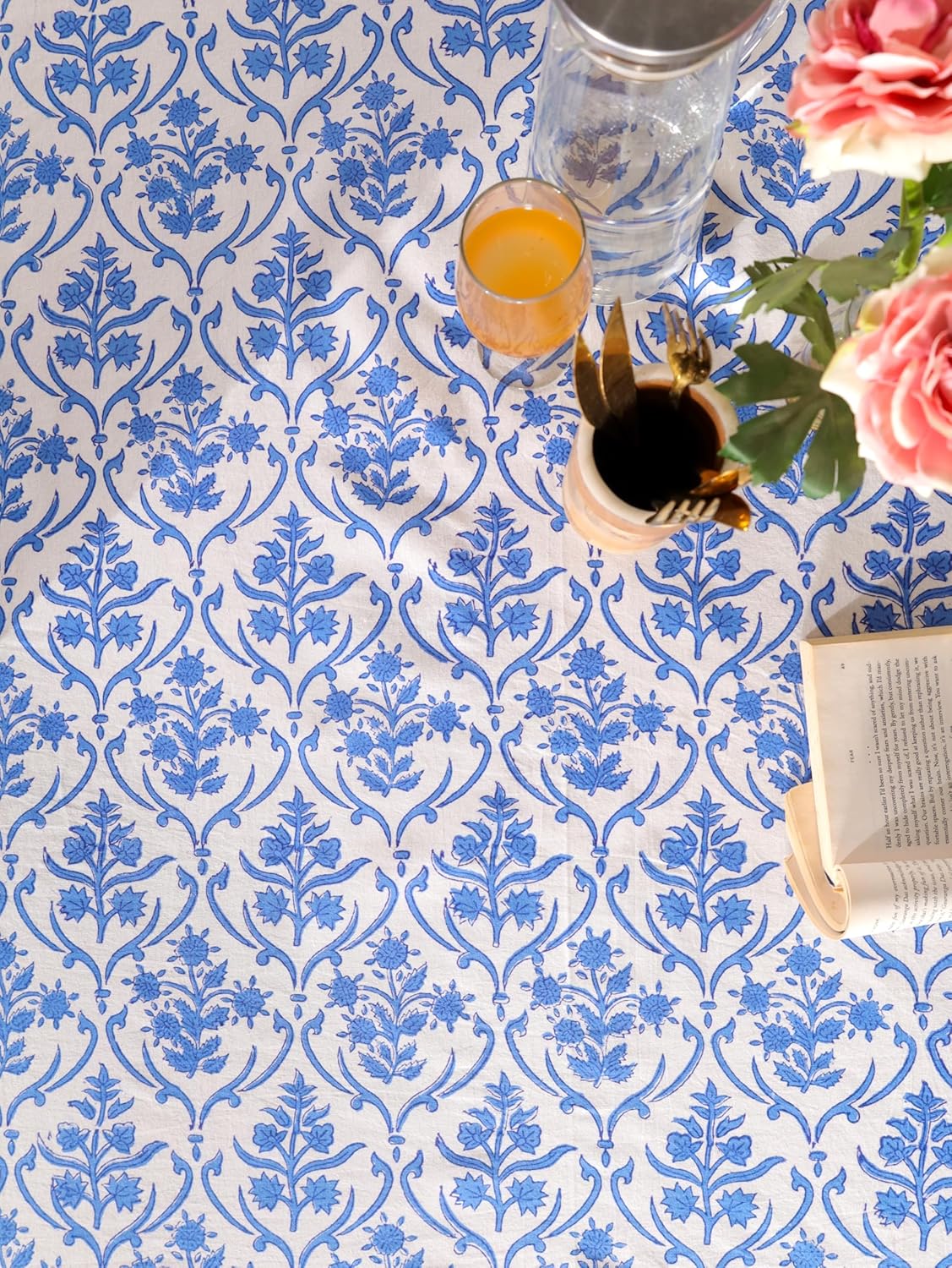 Hand Block Printed Table Cover - Exquisite Design, Premium Cotton Fabric, Perfect for Dining and Decor, Dining Table Linen (Sky Blue Blooms, 12 Seater 72 x 135 Inches Rectangle)