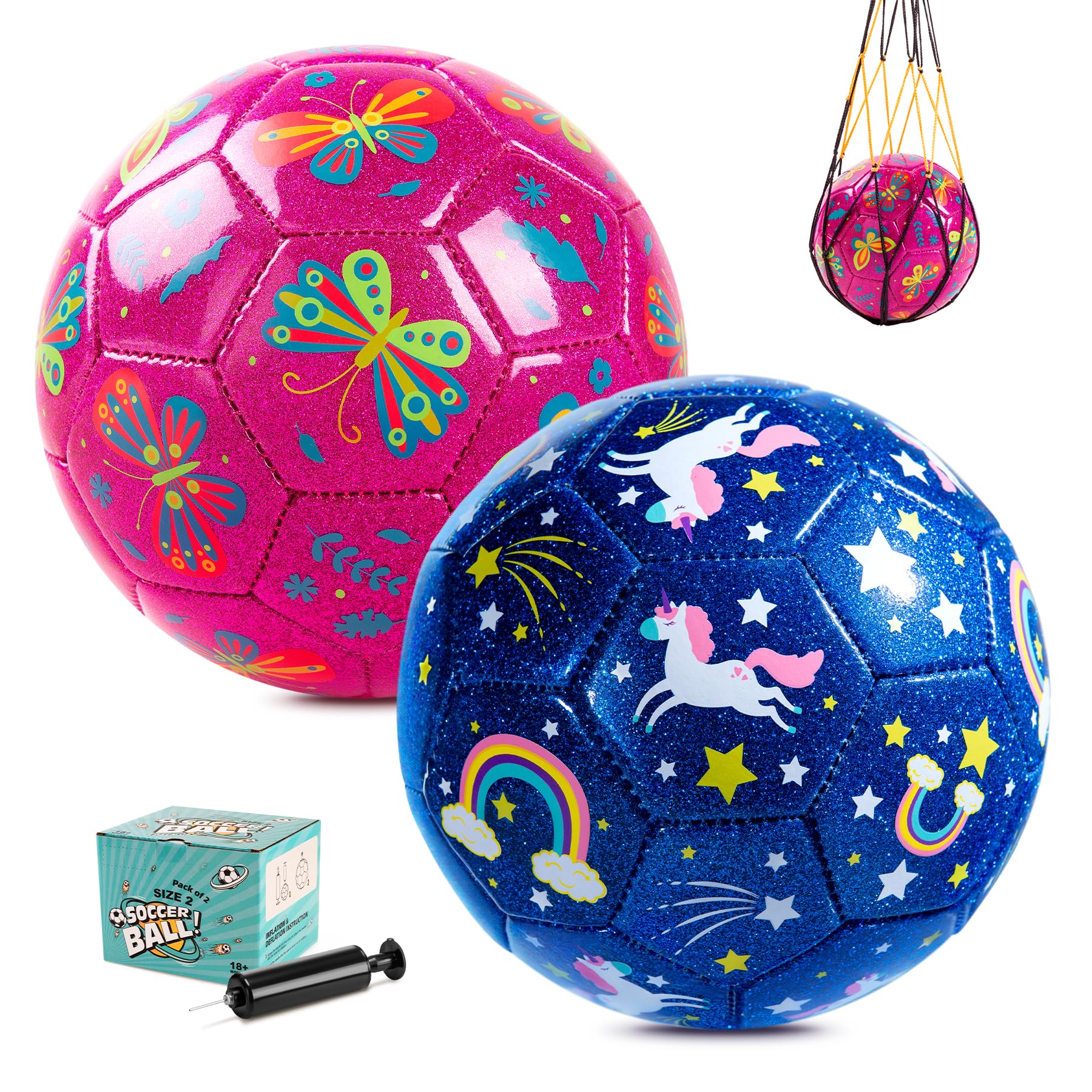 U&C Planet 2 Pack Size 2 Football for Kids Ages 1-6 Unicorn & Butterfly Design Includes 1 Hand Pumps & Mesh Bags