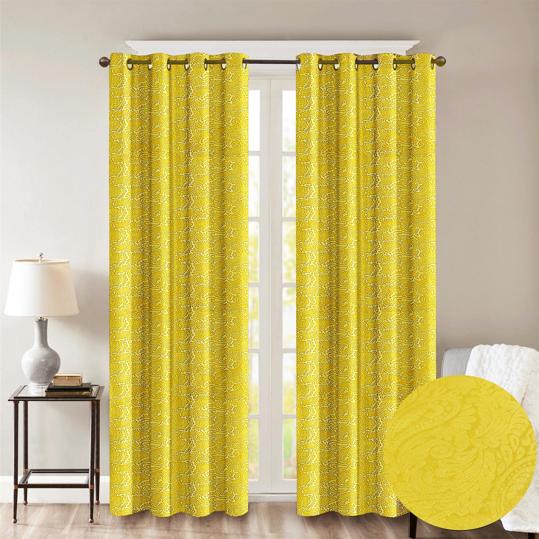 Roseley Embossed Eyelet Curtains Leafy Paisley Patterns Elegant Blackout Living Room Bedroom Dimout Window Treatment [Yellow, 46" x 54"]