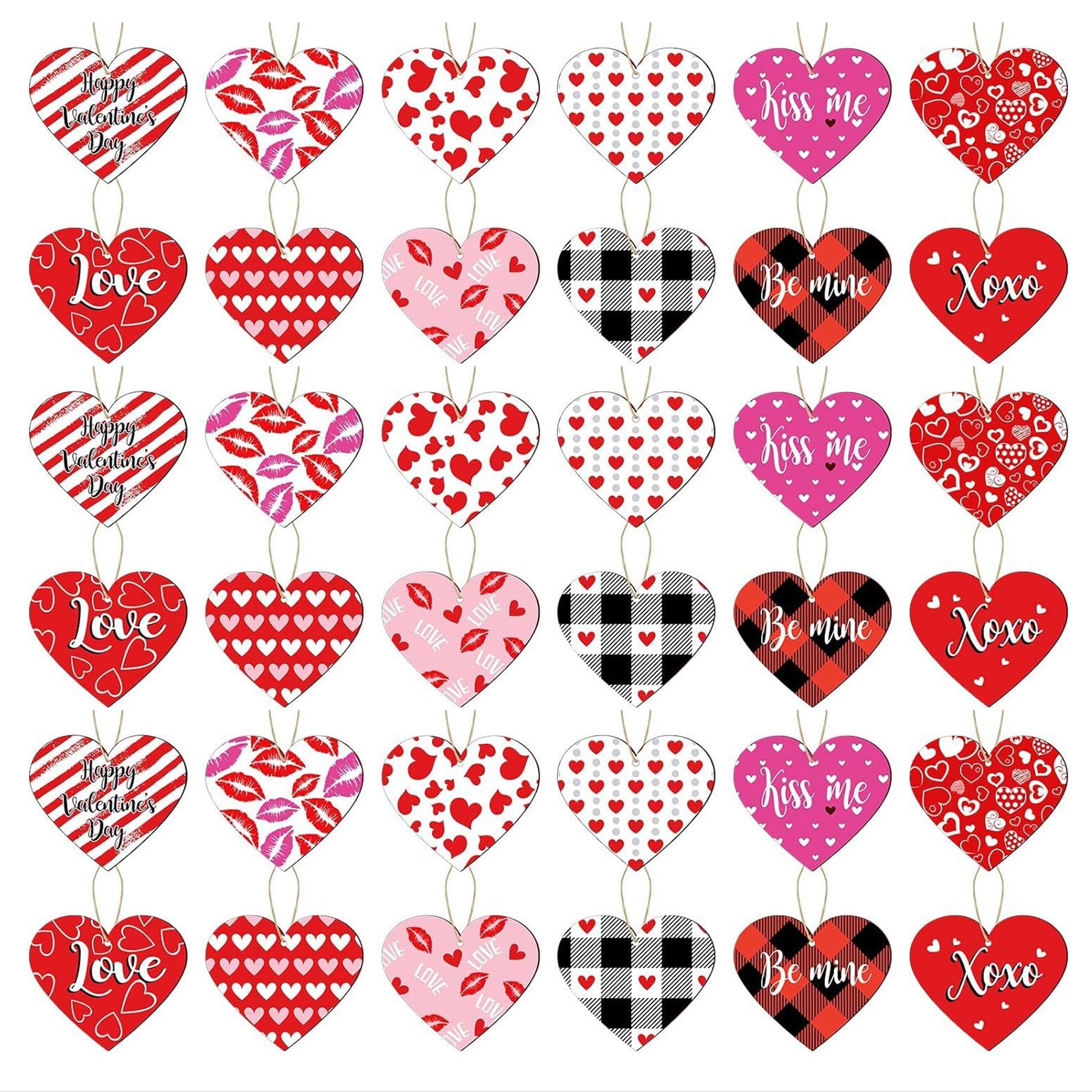 36Pcs Wooden Heart Embellishments, Red and Pink Wood Heart Slice, 12 Styles Wood Heart Tags Hanging Heart Decorative Ornaments Crafts for Mother's Day Valentines Day Wedding Anniversary Parties