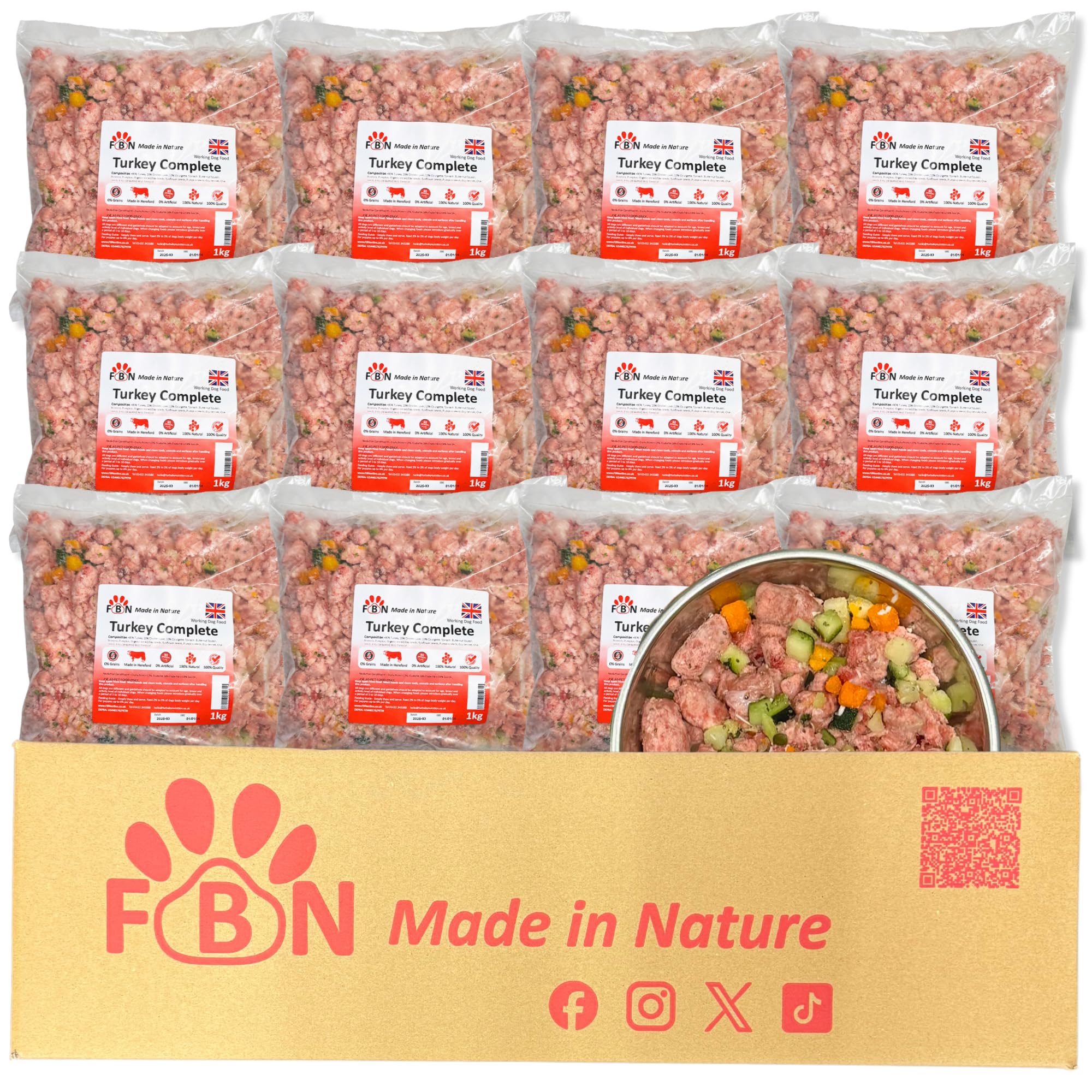 Raw Dog Food Turkey Complete 12kg Box – BARF Premium British Meat Frozen Dog Food 1kg Bags Premium Meat Recipe – Complete Dog Food with Vegetables & Botanicals for Working Dogs
