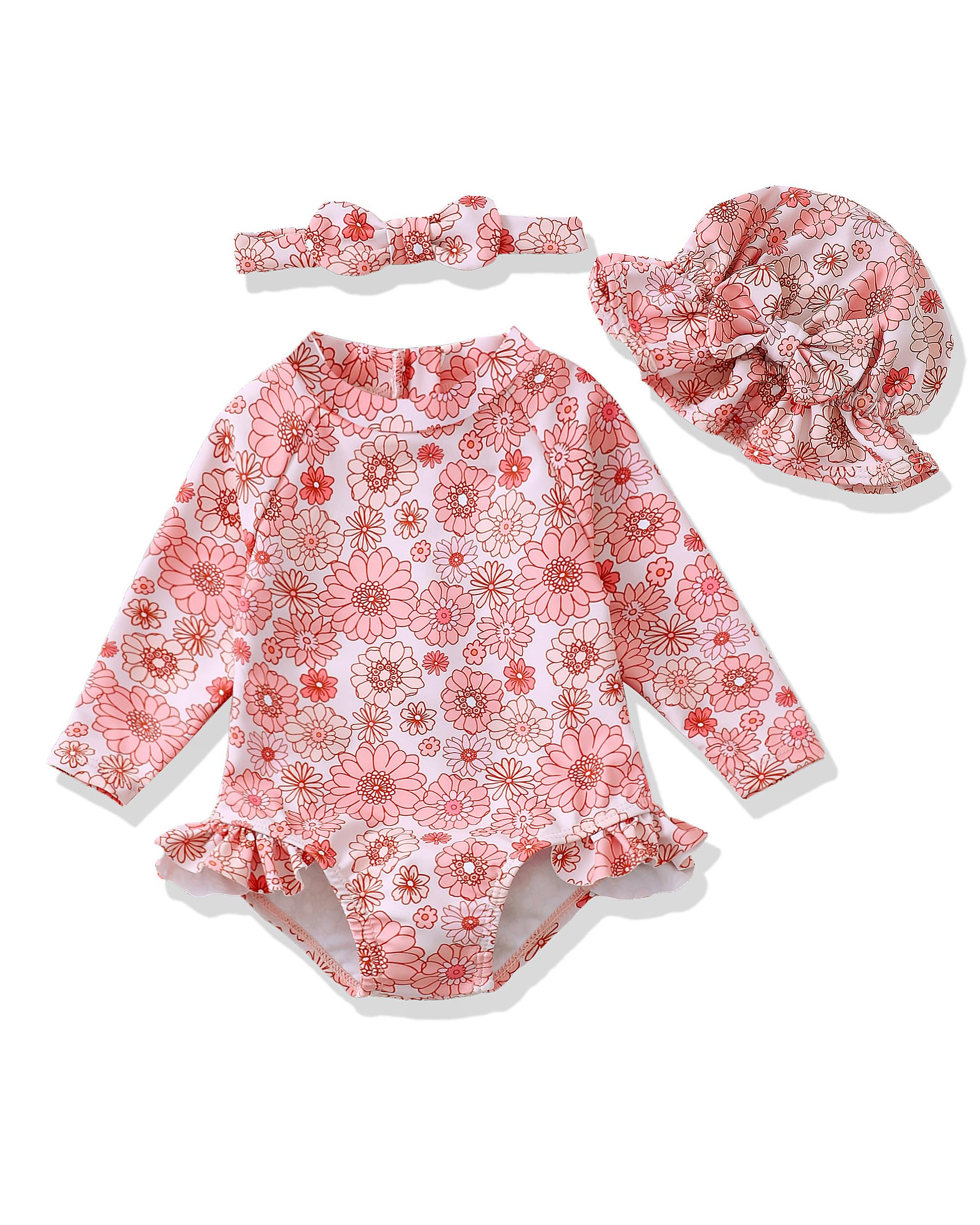 Baby Girl Swimsuit Long Sleeve One-Piece Swimwear with Hat Rash Guard Ruffle Floral Zipper Beach Infant Bathing Suit