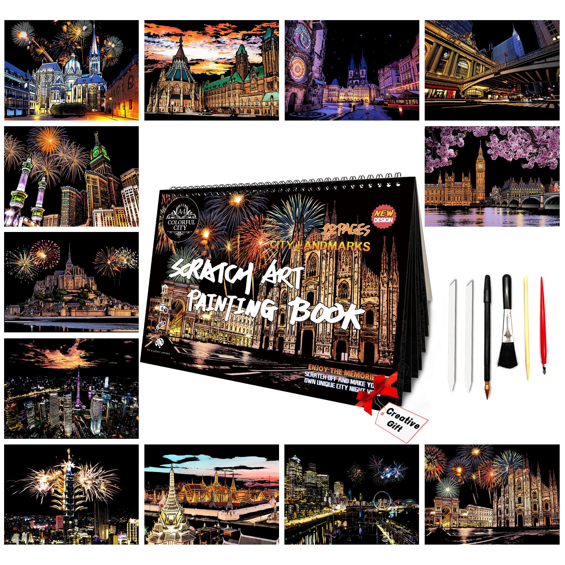 SiYear Scratch Art Painting Paper Set for Adults,Landmark Building City Series Night Scene,Scratchboard Creative Gift DIY Foil Engraving Crafts with 4 Tools (A4-12Pack)