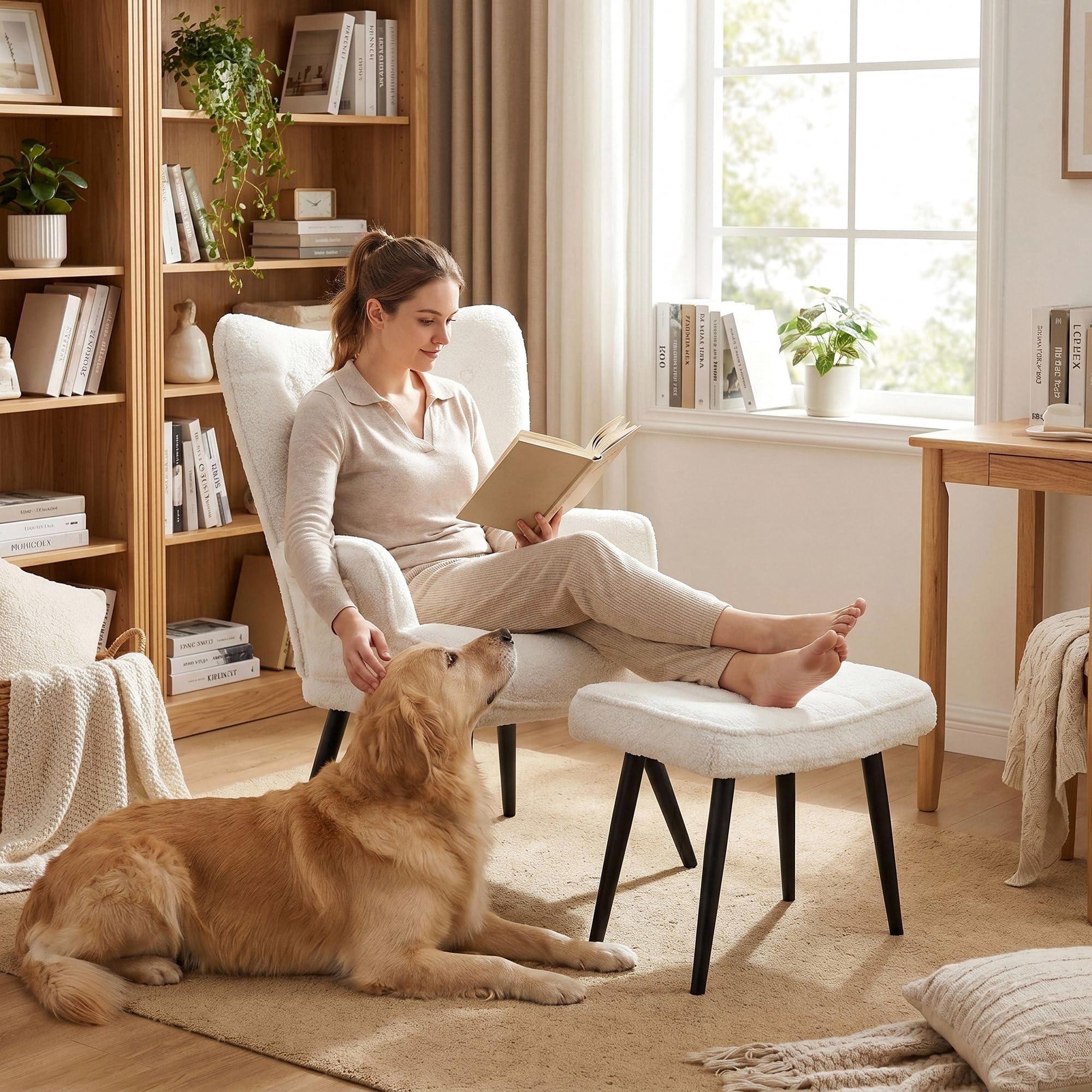 Clevich Ohrensessel - Gemütlicher Loungesessel mit Hocker, Lesesesselaus, Chenille Armchair für Wohnzimmer & Schlafzimmer - Bis 168kg (Weiß)