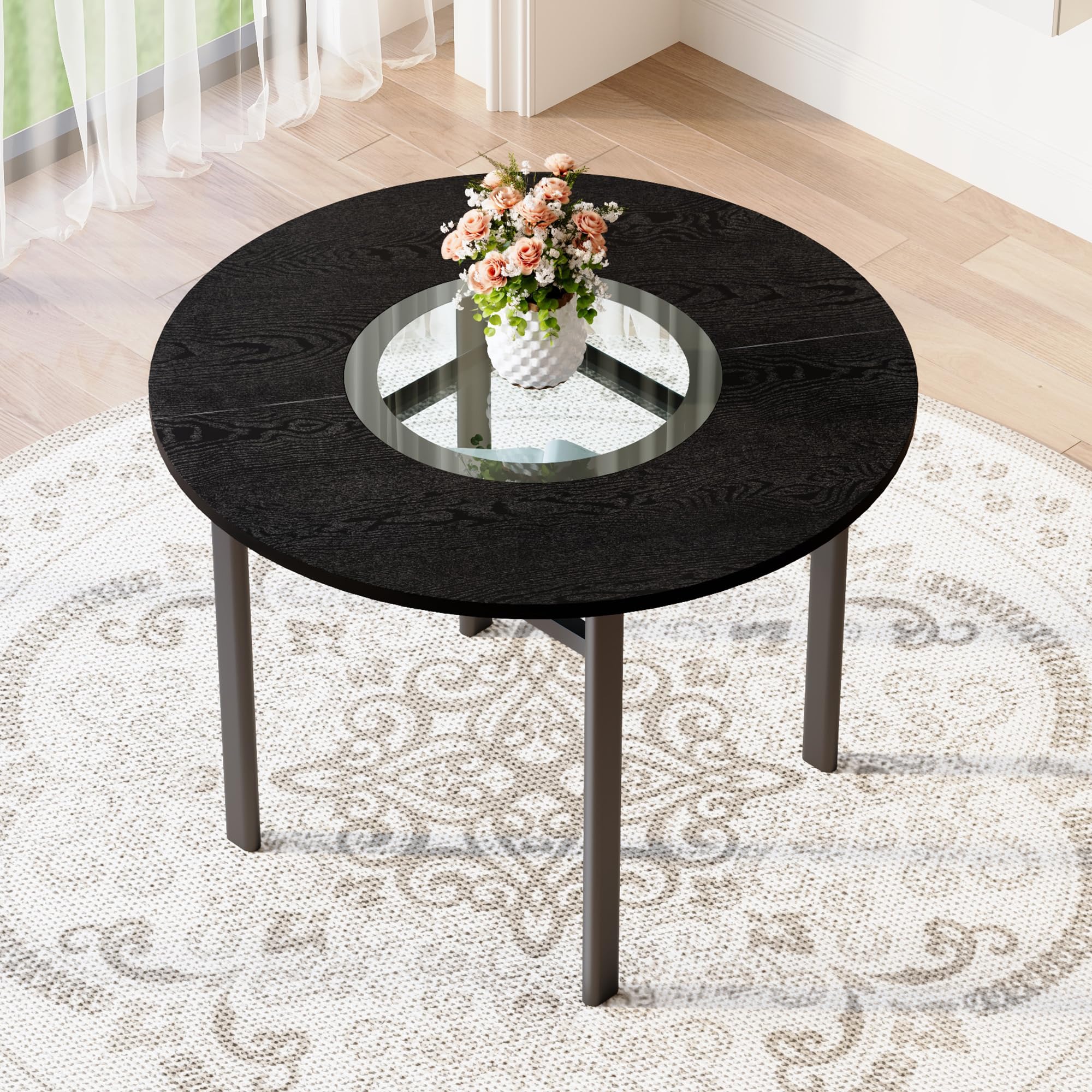Mesa de Comedor Redonda de MDF y Cristal, Salón y Cocina, Negro, 100 cm
