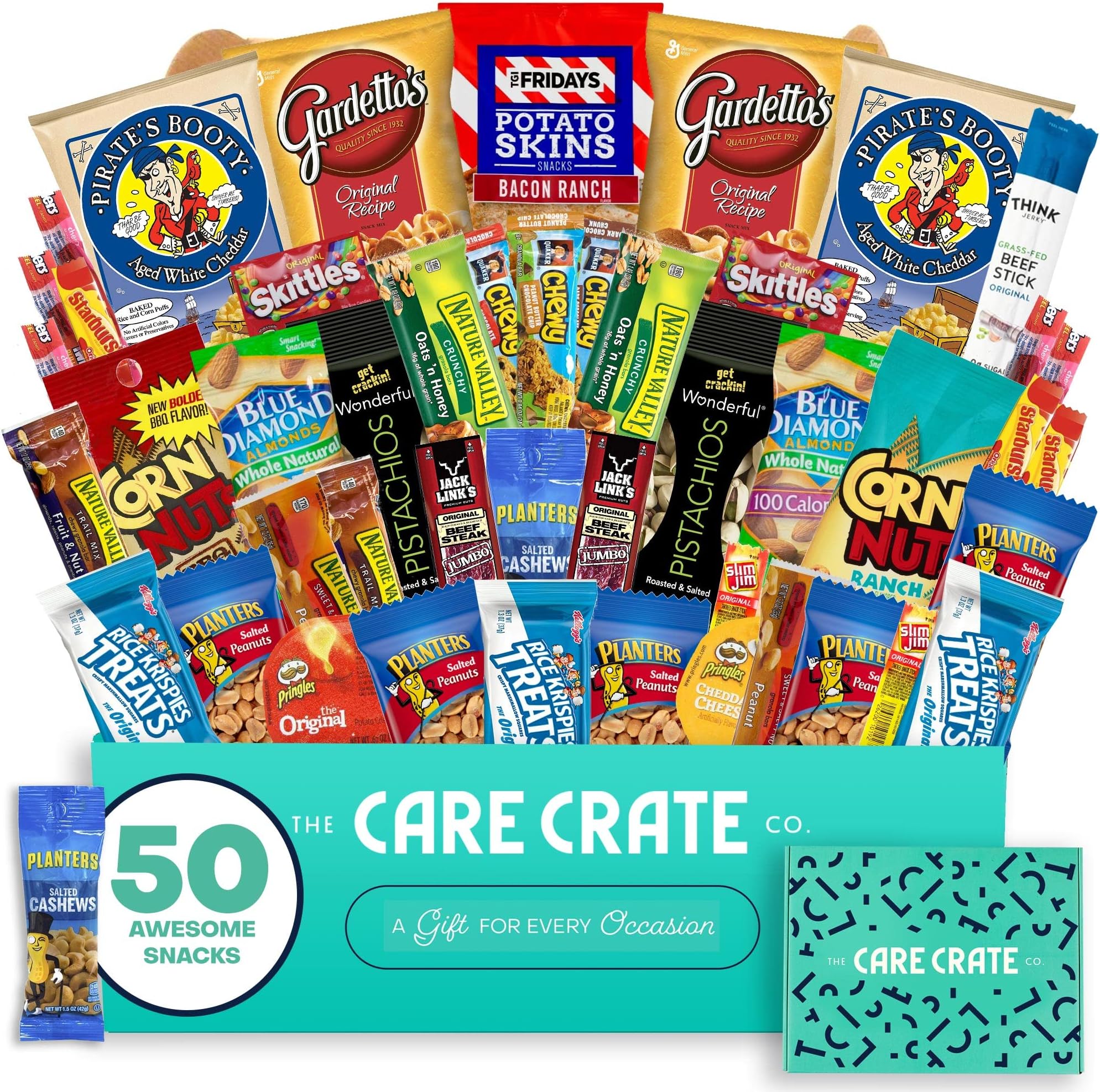 Men's Hearty Snack Box - Ultimate Man Care Package ( 50 piece Snack Pack ) Jerky, Nuts, Chips and Pretzels Variety Pack - The Care Crate Co.