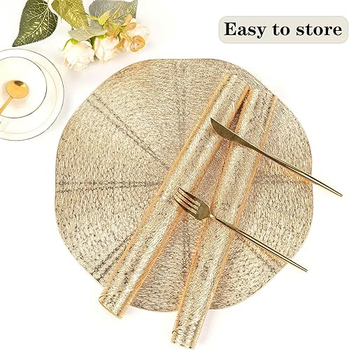 Miniatura 8 de Juego de 6 manteles individuales redondos dorados, manteles individuales redondos de vinilo a granel de 15 pulgadas, manteles individuales para