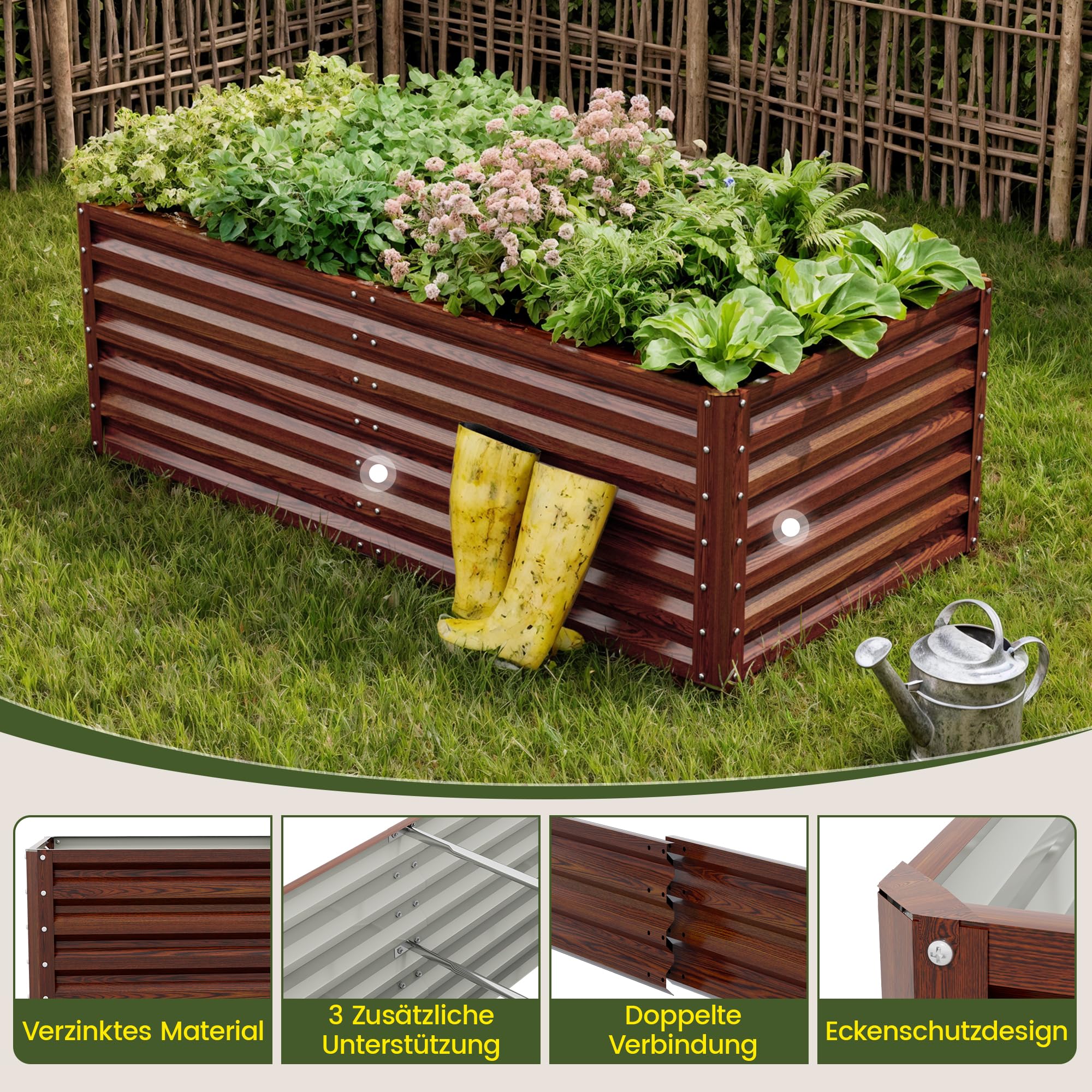 Amopatio Verhoogd bloembed van metaal, voor tuin, 180 x 90 x 60 cm, 970 l, voor groenten, bloemen, vetplanten, kruiden, bloembed en plantenbak, verzinkt staal, grijs