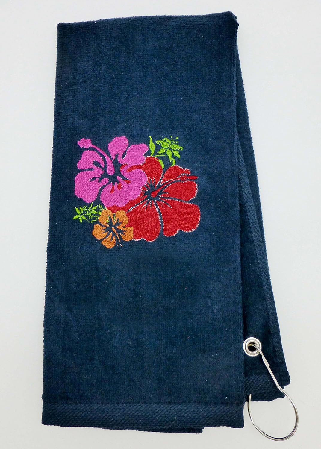 Custom Personalized Embroidered Golf Towel Hawaiian Hibiscus Flowers (Navy Blue)