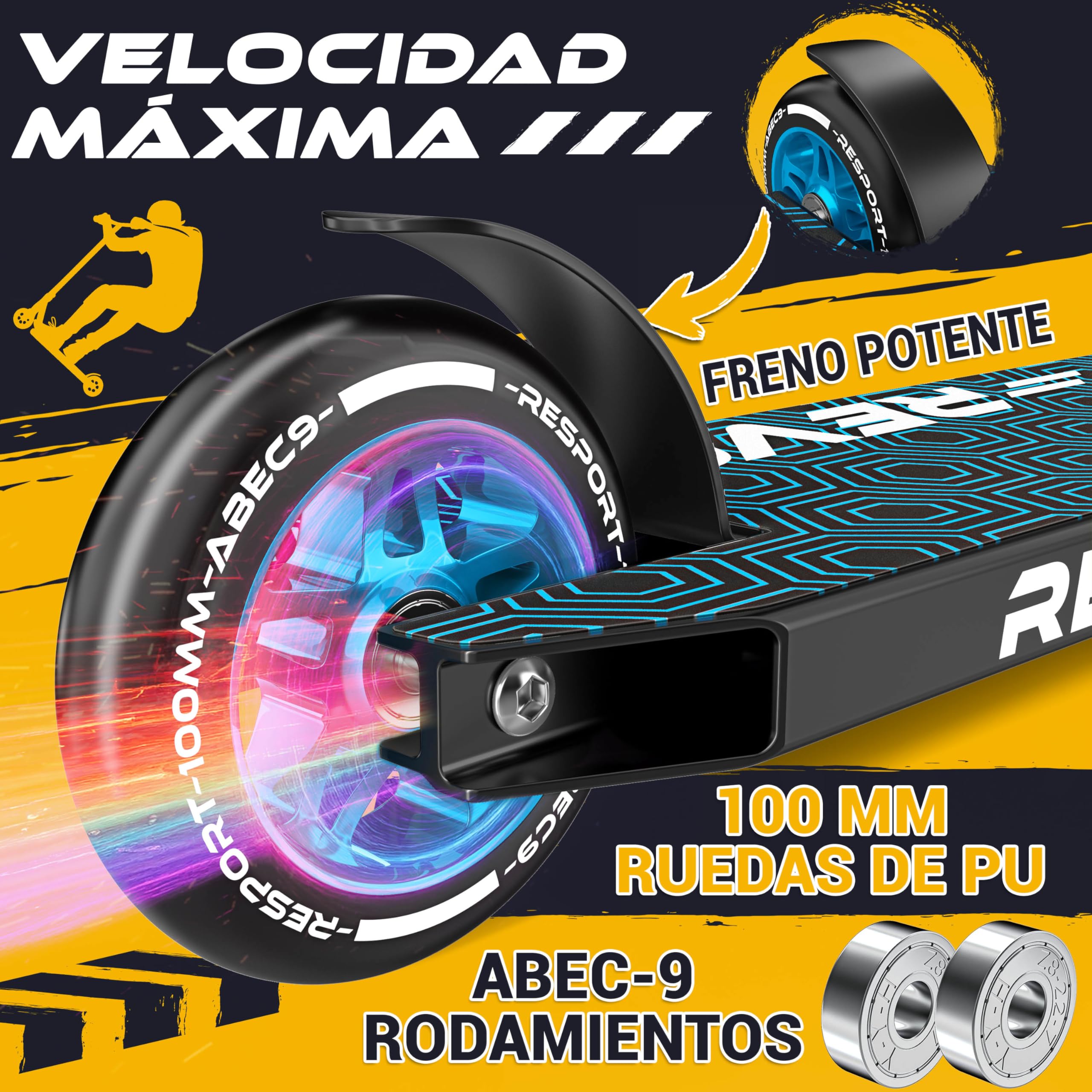 RE:SPORT Patinete de acrobacias Revo para niños y adultos con soporte, patinete profesional de 100 mm, ruedas de poliuretano y barra en Y, patinete de acrobacias, patinete ABEC 9, rodamientos de bolas