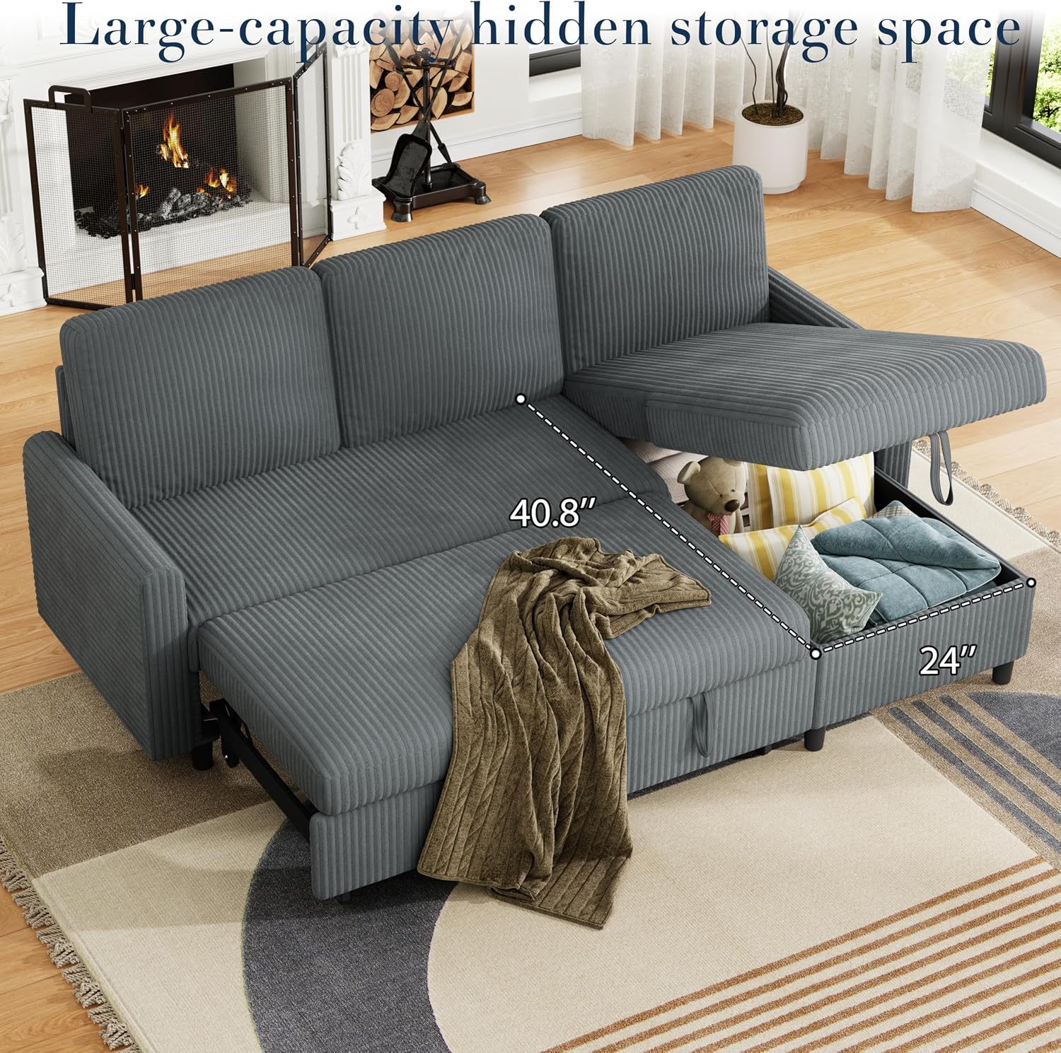 77'' Sofa Bed Couch Sectiona Sofa 4-in-1 Multifunctional Pull-Out Couch Sleeper Sofa Couch with Storage Chaise, Pullout Sectional Couches for Living Room/Office/Apartment,Dark Gray