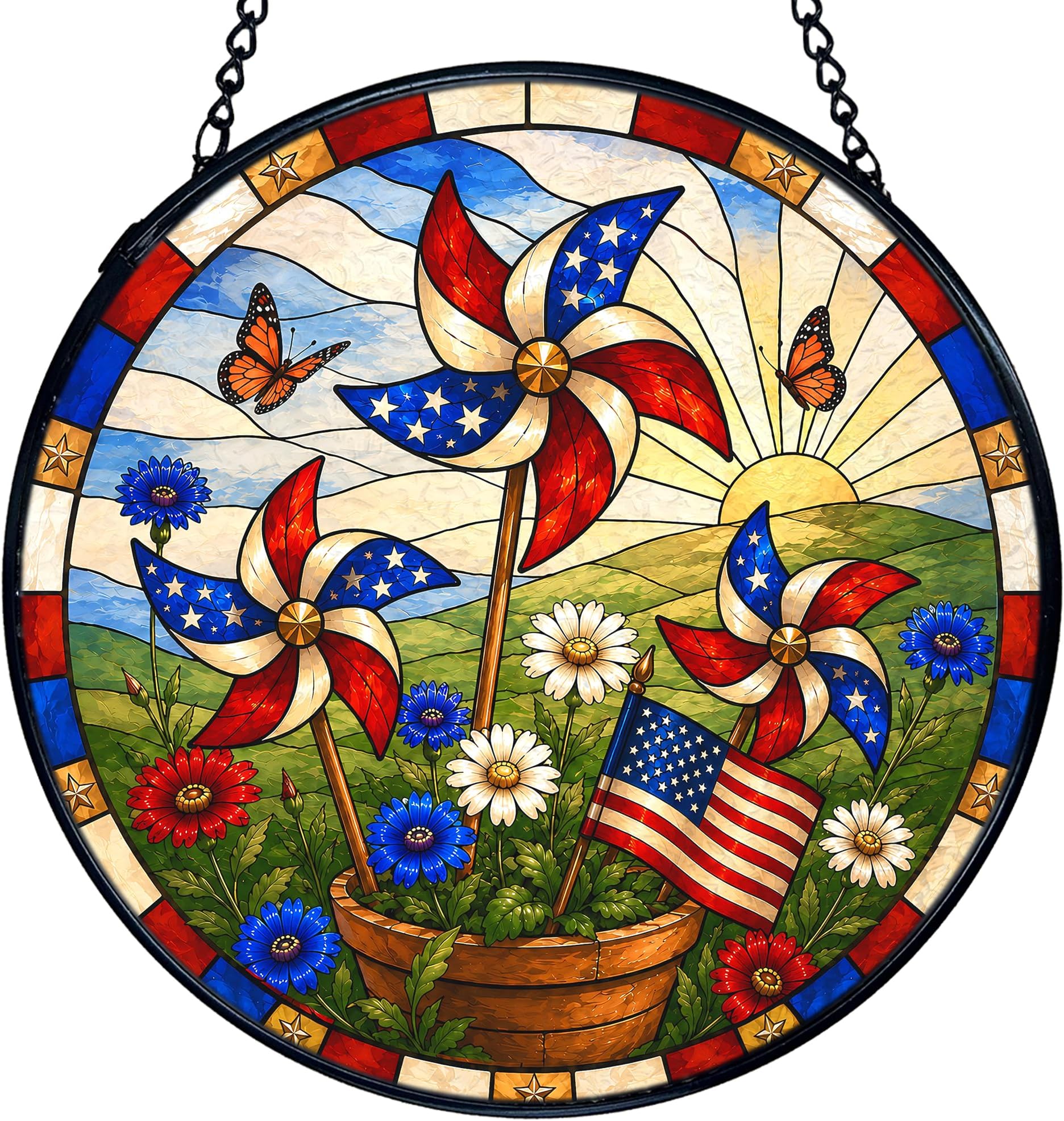 TNUW 4th of July American Flag Windmill Stained Glass Window Hanging, Patriotic Flower Sun Catchers Indoor Window Glass Round Wall Art Decor, Independence Day Wall Hanging Decorations, 7.9＂x7.9＂