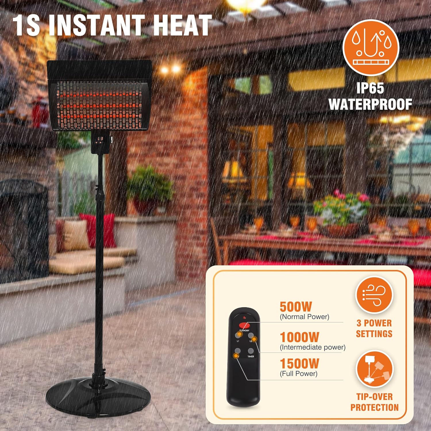 Electric Patio Heater, Outdoor Heater, 1500W Electric Infrared Heater with Digital Panel with 12H timer, 3 Power Settings, Adjustable Height Patio Heater, In/Outdoor : Patio, Lawn & Garden
