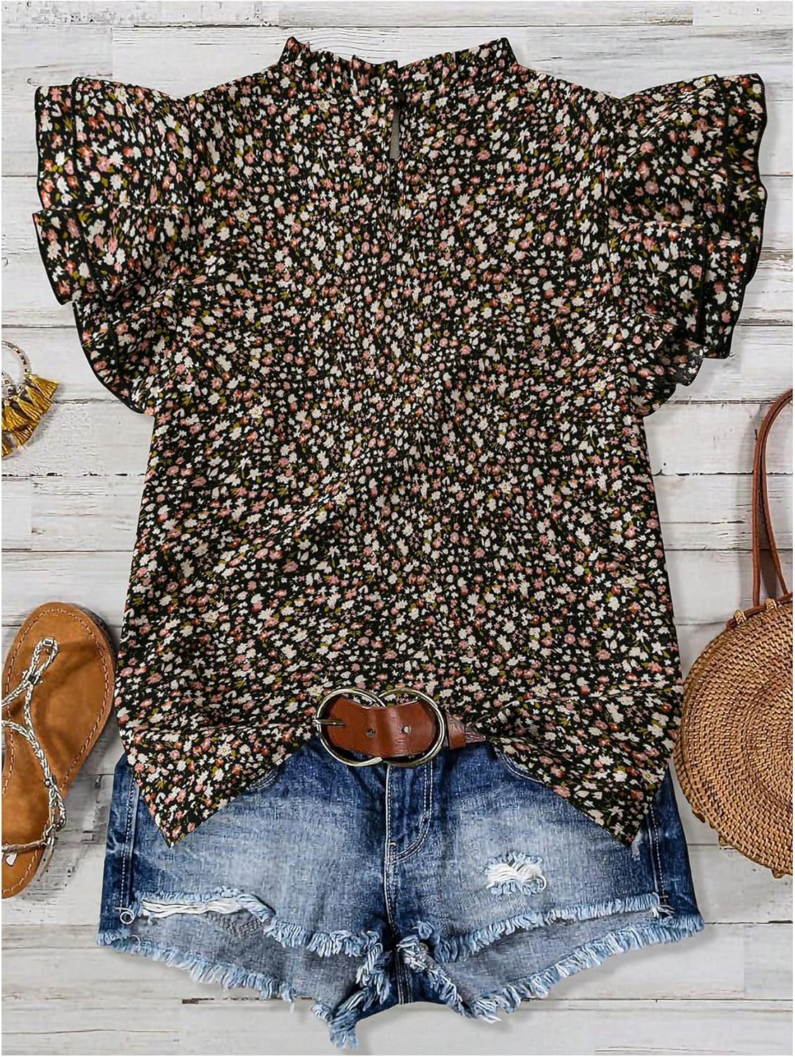 SHENHE Women's Ditsy Floral Boho Tops Ruffle Cap Sleeve Mock Neck Casual Fall Blouse Shirts - Image 2