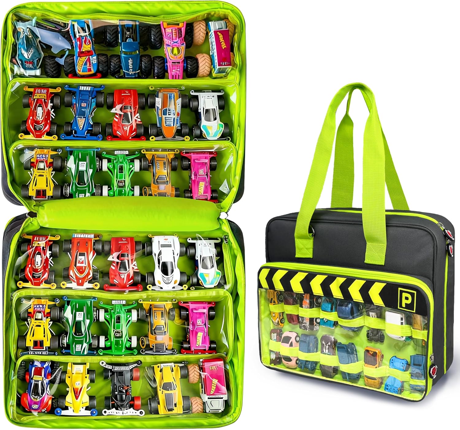 Monster Truck Carrying Case with 6 Transparent PVC Zip Bags - Holds 30pcs Hot Wheels Monster Trucks and 16pcs 1:64 Scale Mini Toy Cars, Monster Truck Storage with Handles & Shoulder Strap (grey)