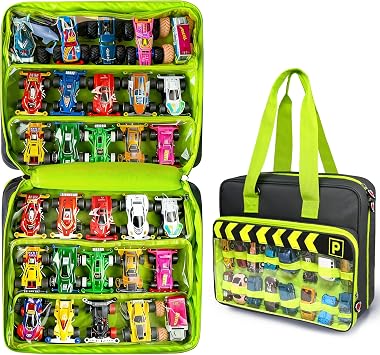 Monster Truck Carrying Case with 6 Transparent PVC Zip Bags - Holds 30pcs Hot Wheels Monster Trucks and 16pcs 164 Scale Mini Toy Cars, Monster Truck Storage with Handles & Shoulder Strap grey