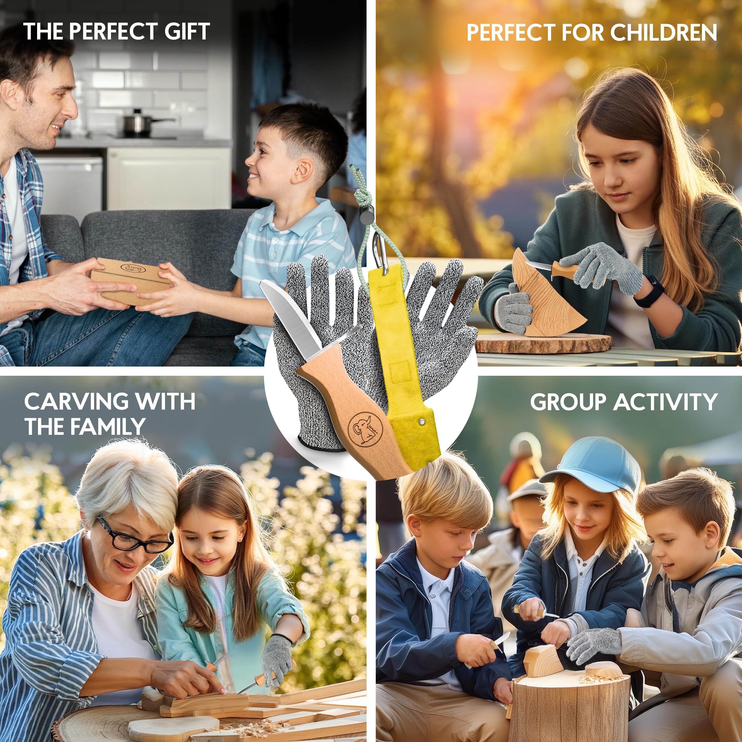 Eli® Cuchillo de Tallado para Niños con Funda de Fieltro desde 6 Años – Cuchillo Infantil Set de Tallado incl. Guantes Resistentes a Cortes – Cuchillo de Talla para Niños – Herramienta de Tallado
