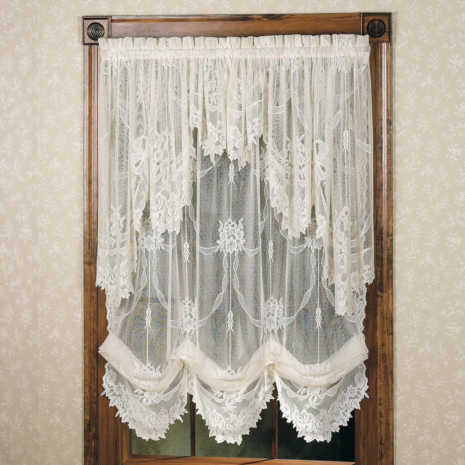 Romantic Garland Lace Window Treatments | Regal Gold | Hand-Cut Floral and Leaf Designs in Solid Color Fine-Gauge Polyester Jacquard Lace | Rod Pocket Drapery Set: Balloon Shade & Swag Valance Pair