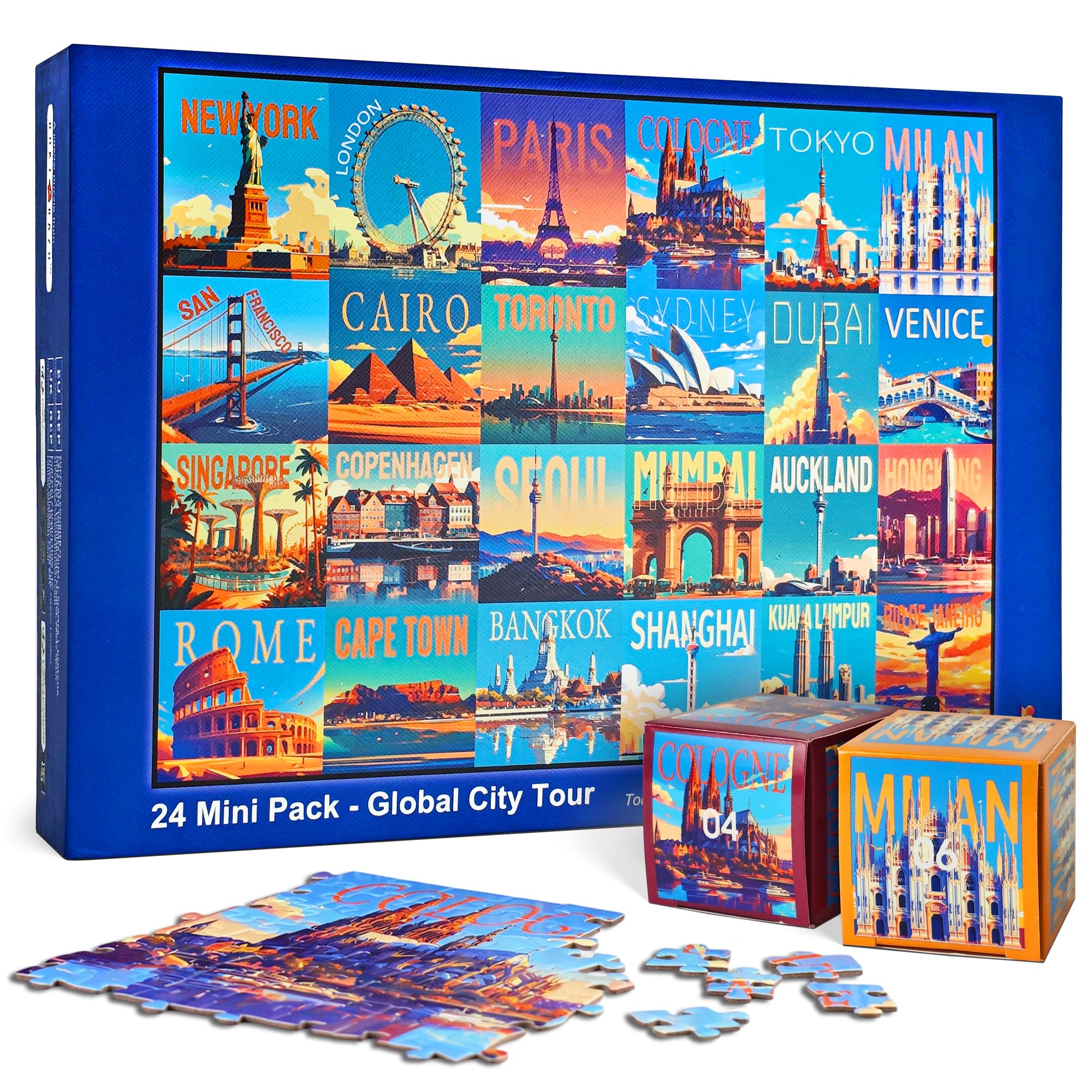 rokt&razo, Global City Tour, 24 Mini Pack Jigsaw Puzzles, 1000 Pieces Daily Challenge Pack with Reference Poster