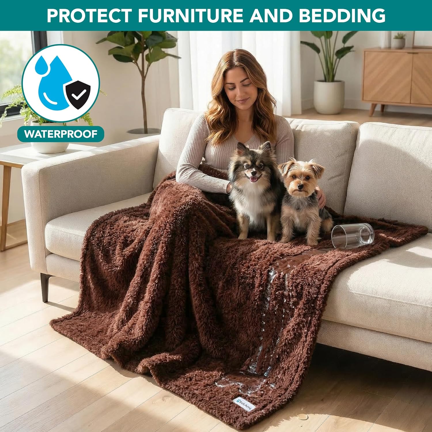 PetAmi Fluffy Waterproof Dog Blanket for Medium Large Dogs, Soft Warm Pet Sherpa Throw Pee Proof Couch Cover, Reversible Cat Bed Blanket Sofa Protector, Plush Washable Pad (Brown, 40x60)