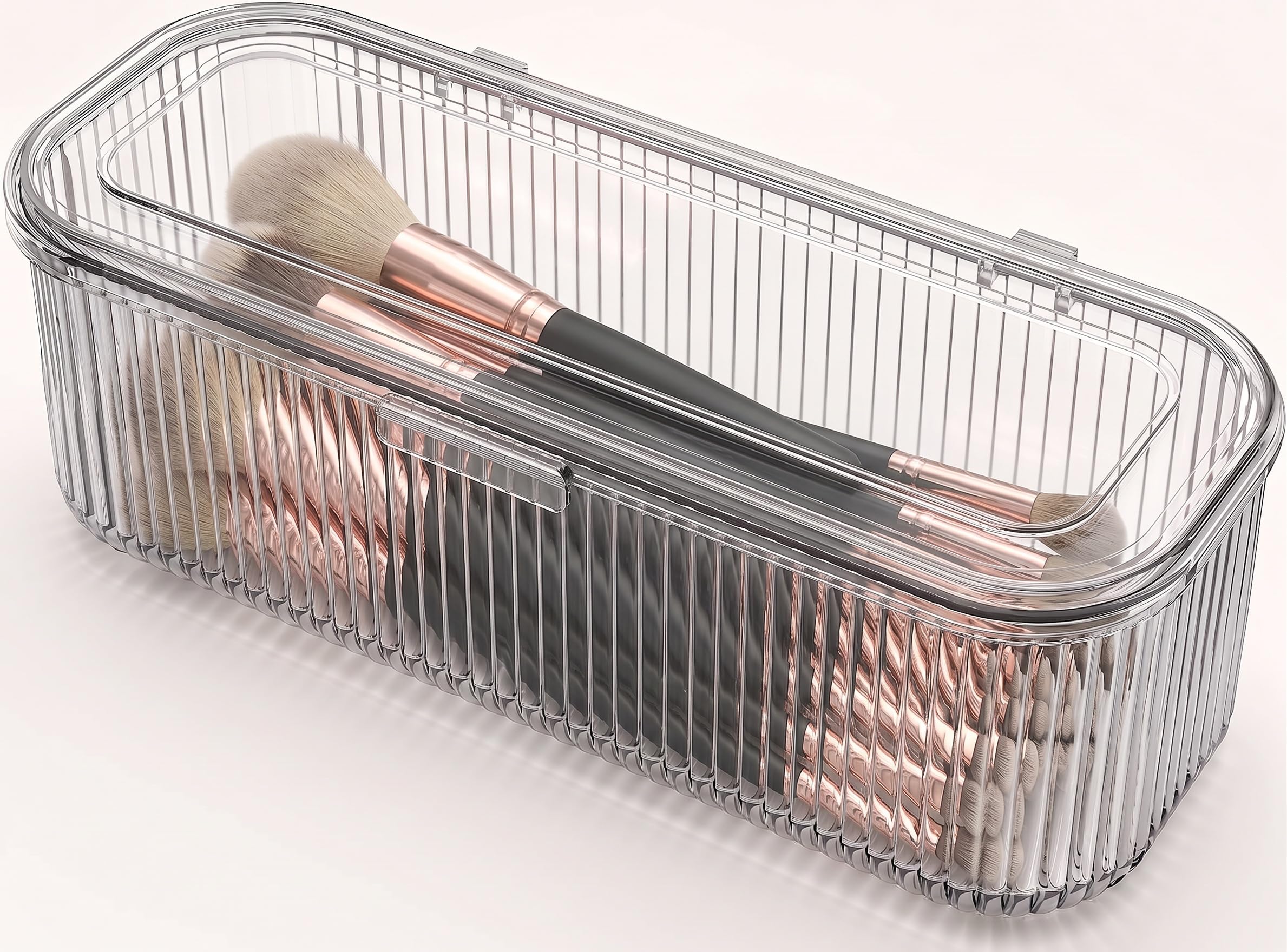 Xygobla Dark Makeup Brush Holder Organizer,Acrylic Clear Cosmetics Holder Display Makeup Sponges Organizer With Lid,Stackable Cosmetic Storage Case Dustproof For Desk,Bathroom,Bedroom,Vanity Countertop