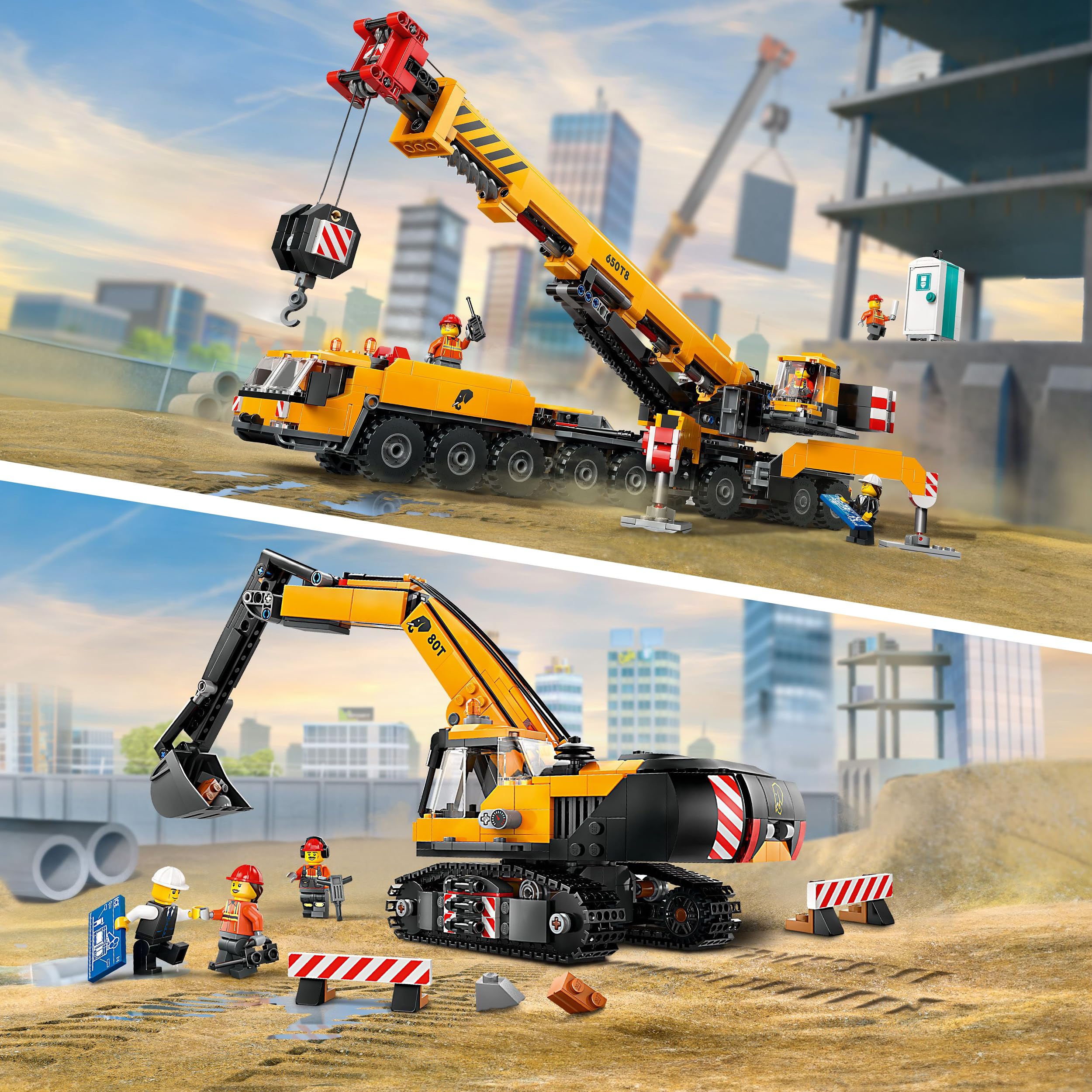 LEGO City Kran & Bagger, Baustellen Bundle mit Mobiler Baukran (60409) und Raupenbagger (60420), LEGO Fahrzeuge Kombi-Set ab 9 Jahren - LEGO City Neuheiten 2024