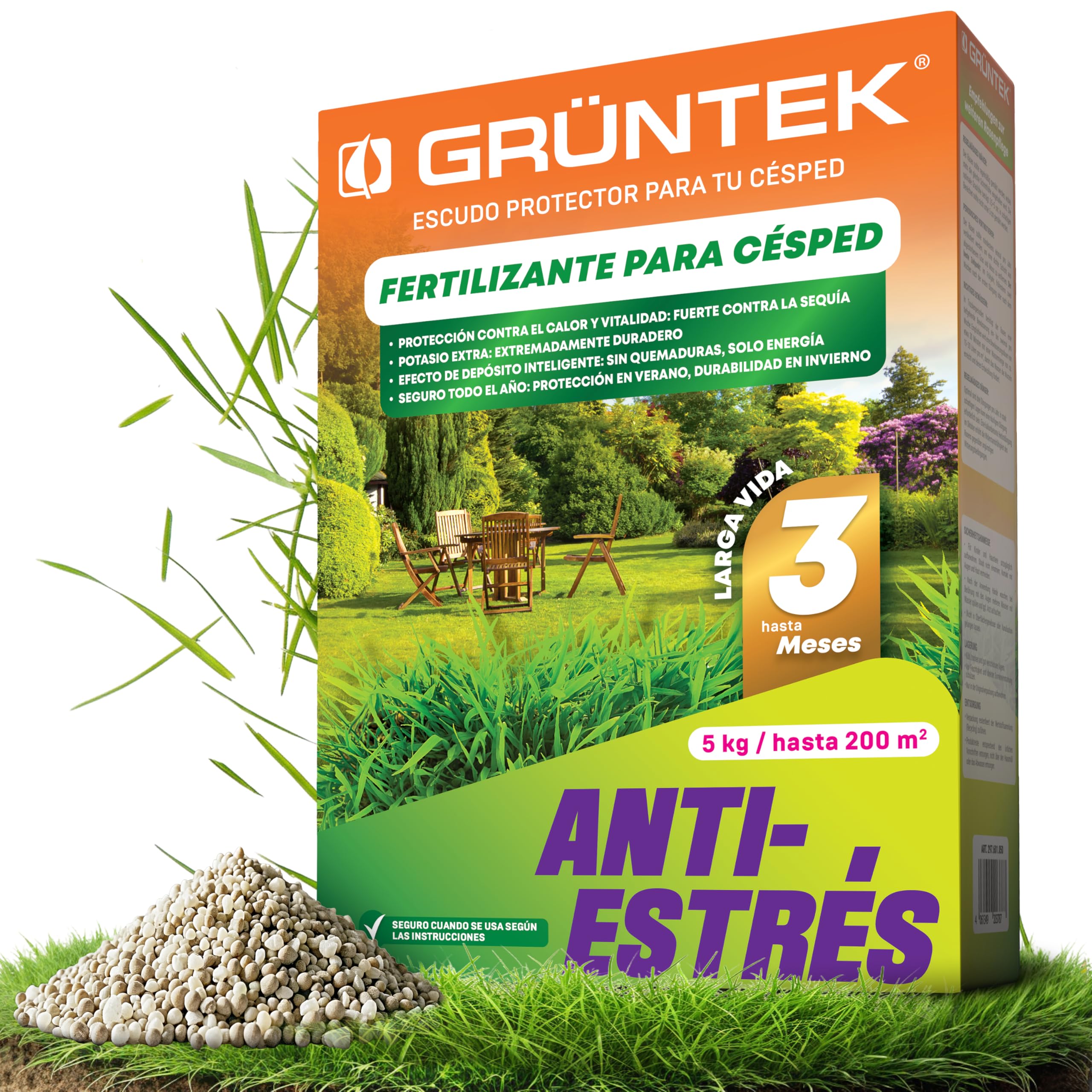 GRÜNTEK Abono Césped Otoño Invierno Verano Anti-Estrés NPK 15-5-24 – Fertilizante Césped Larga Duración 3 Meses, Protección Calor Sequía Heladas – Abono Universal Jardín Tomates Fresas Rosales 5 kg