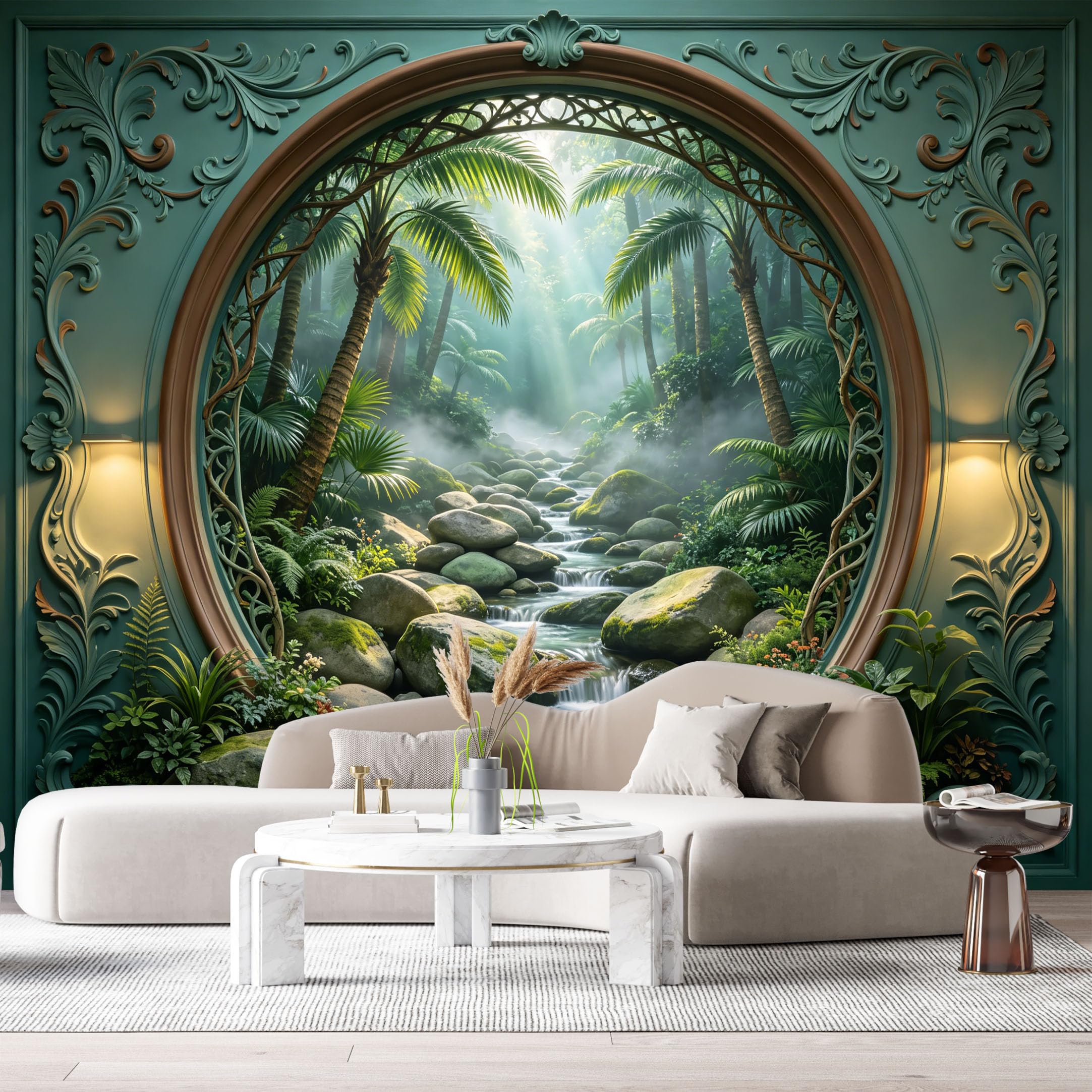 Custom Size Wall Murals Tropical Rainforest Stream Landscape 3D Trompe L'Oeil SelfAdhesiveWall Fabric Removable Wallpaper Wall Decor for Living Room Bedroom Bathroom
