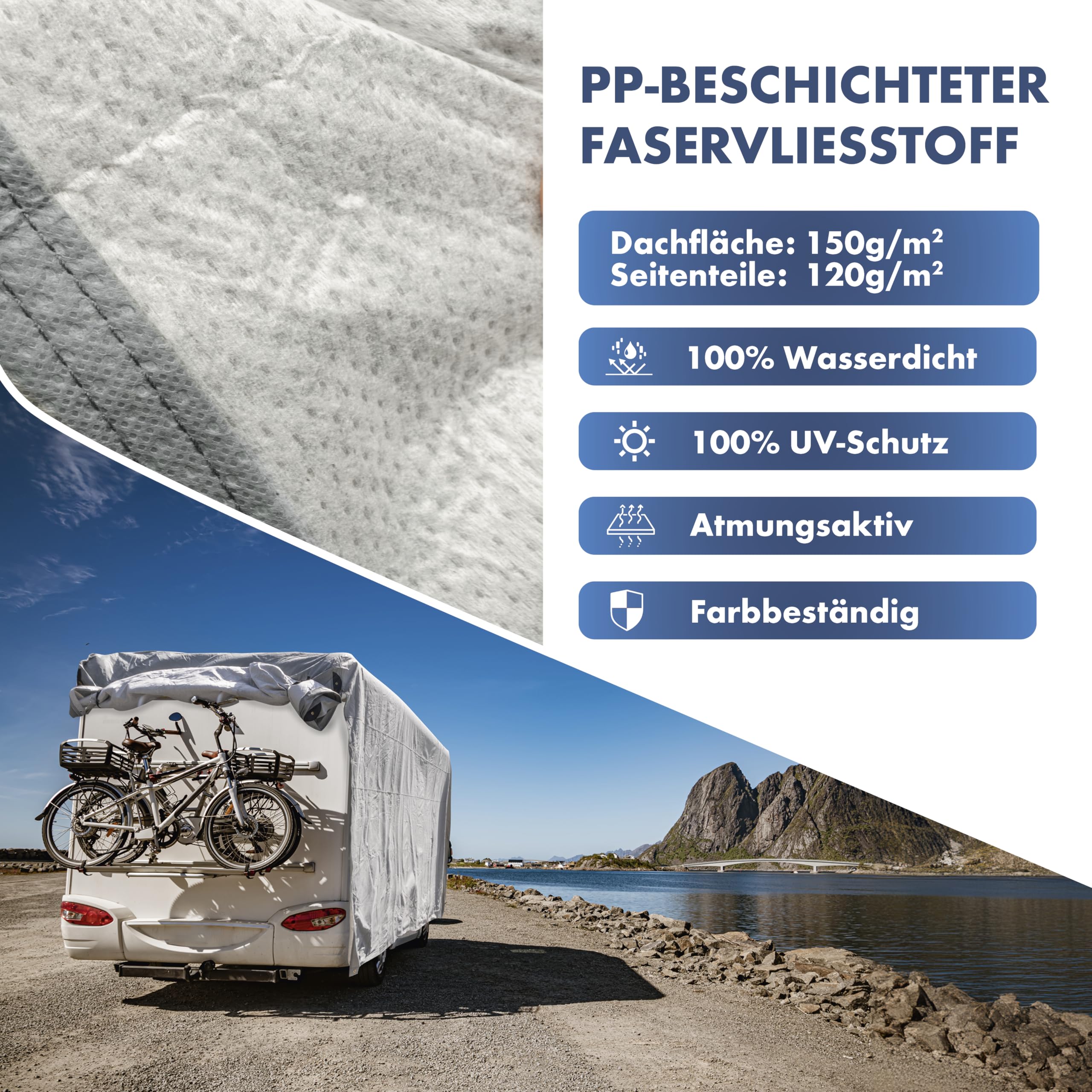 WALSER Premium Wohnmobil Abdeckplane, 100% wetterfeste Wohnmobilabdeckung, wasserdichte Wohnmobilplane mit UV-Schutz, Schutzhülle für Reisemobile + Aufbewahrungstasche 630x250x225cm (Dachlänge: 555cm)