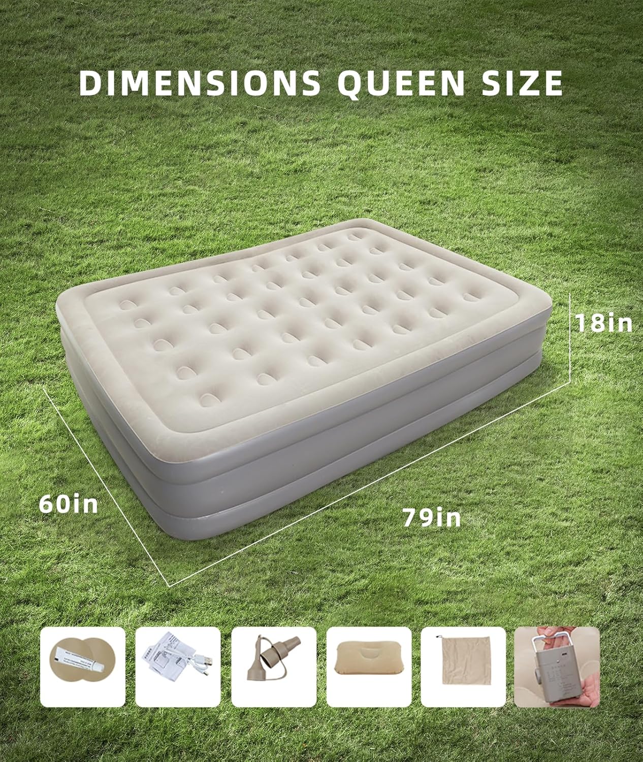 Queen Size Air Mattress with Built-in Pump, Portable Inflatable Mattress for Camping, Home, and Guests, Blow Up Bed for Travel, 18" Raised Airbed