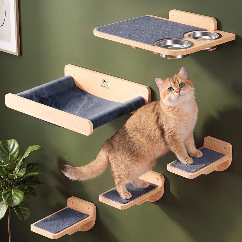 Prateleiras de Parede para Gatos PATHOSIO PETS com Rede, Estação de Alimentação e Tapete Cinza, Madeira de Pinus, 1 Unidade