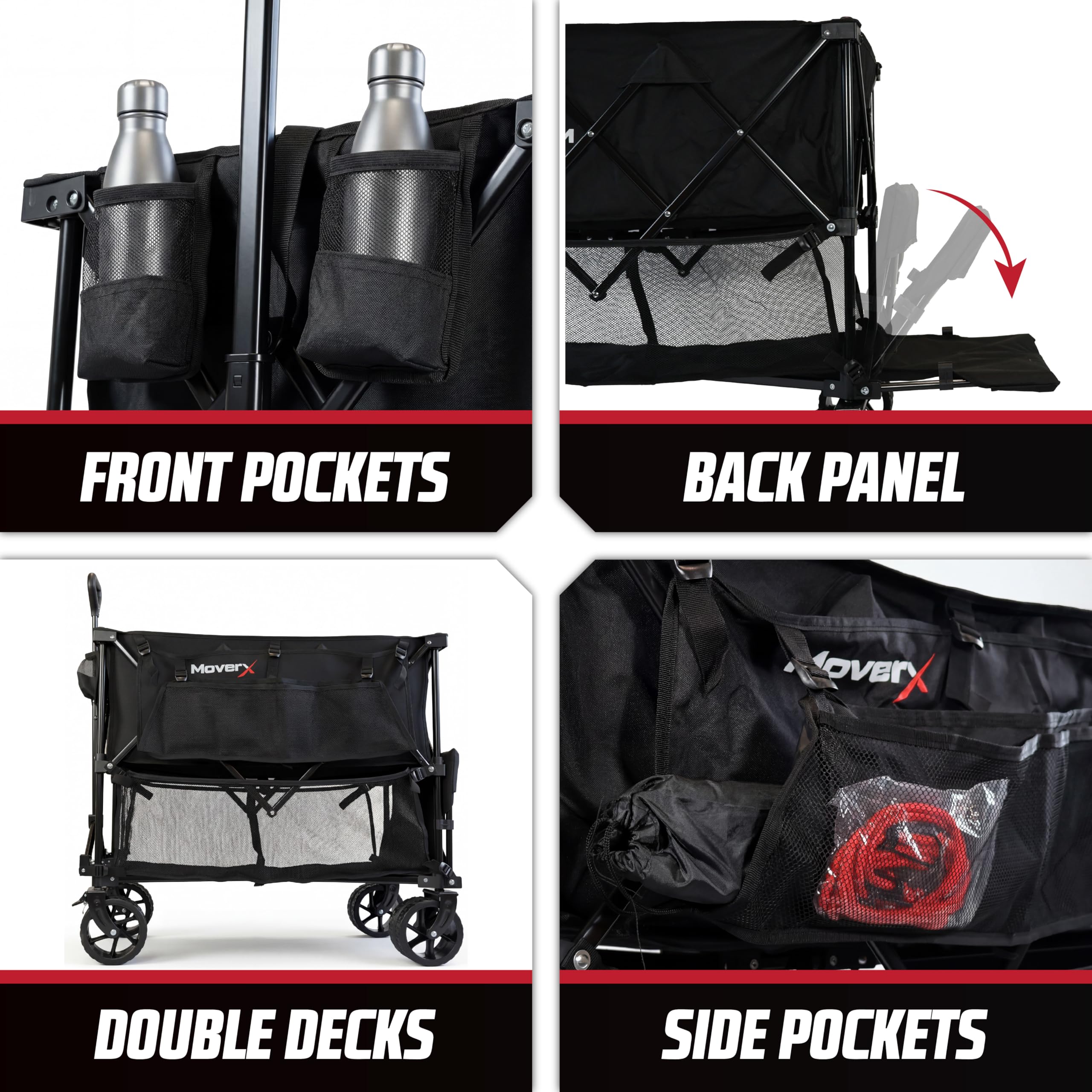 MoverX Carrello da 300 litri su ruote, a due piani, carrello da campeggio portatile, pieghevole per spiaggia, giardino, picnic, shopping, pesca, ruote larghe, manico regolabile, nero