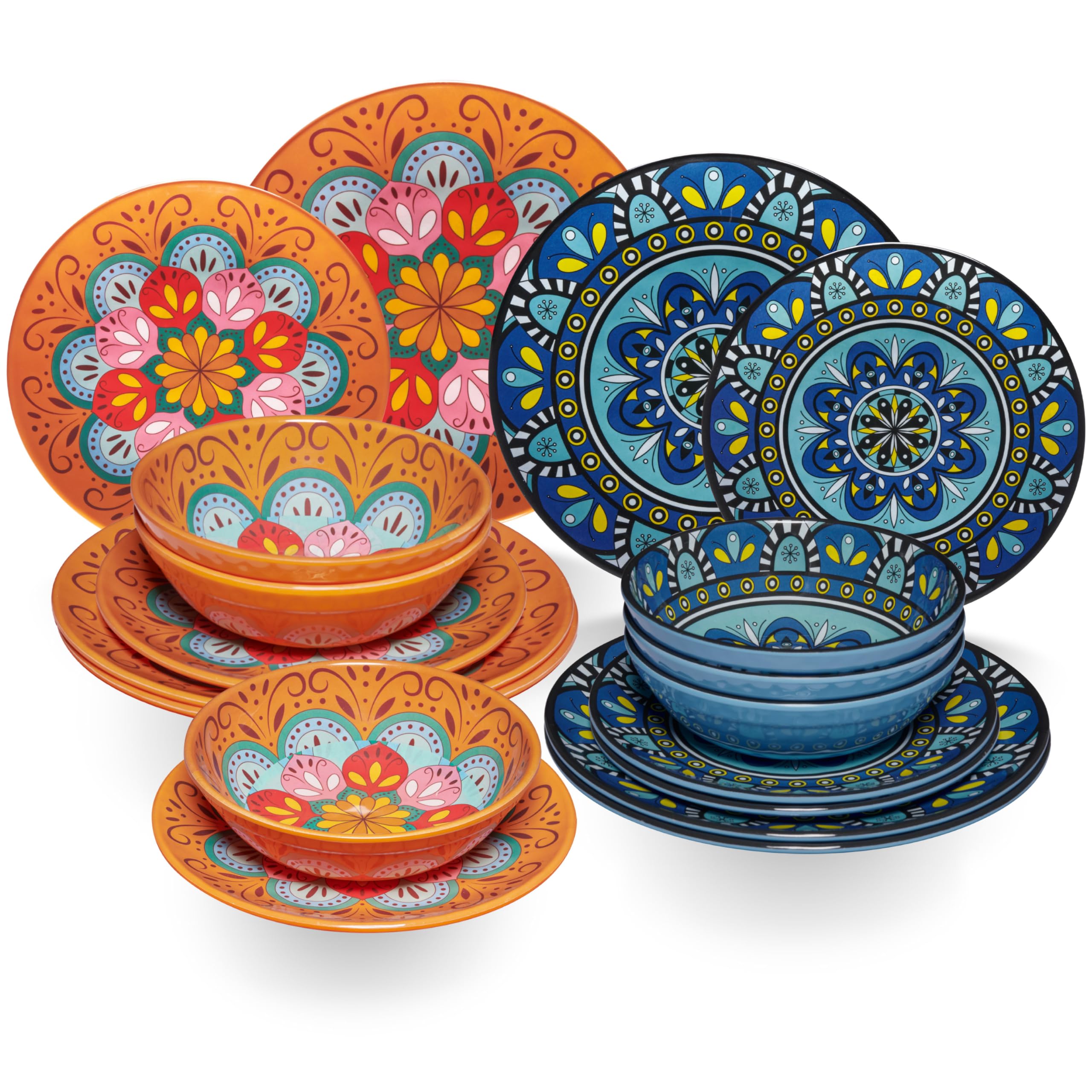 Juego vajilla melamina Toscana 6 personas 18 color naranja azul aspecto