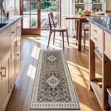 RUUGME 2x5 Kitchen Runner Rug - Indoor Washable Entryway Hallway Rugs with Non Slip Backing Low Pile Stain Resistant Carpet for Bedroom Soft Vintage Home Decor Floor Mat for Bathroom Laundry 2x5 Black