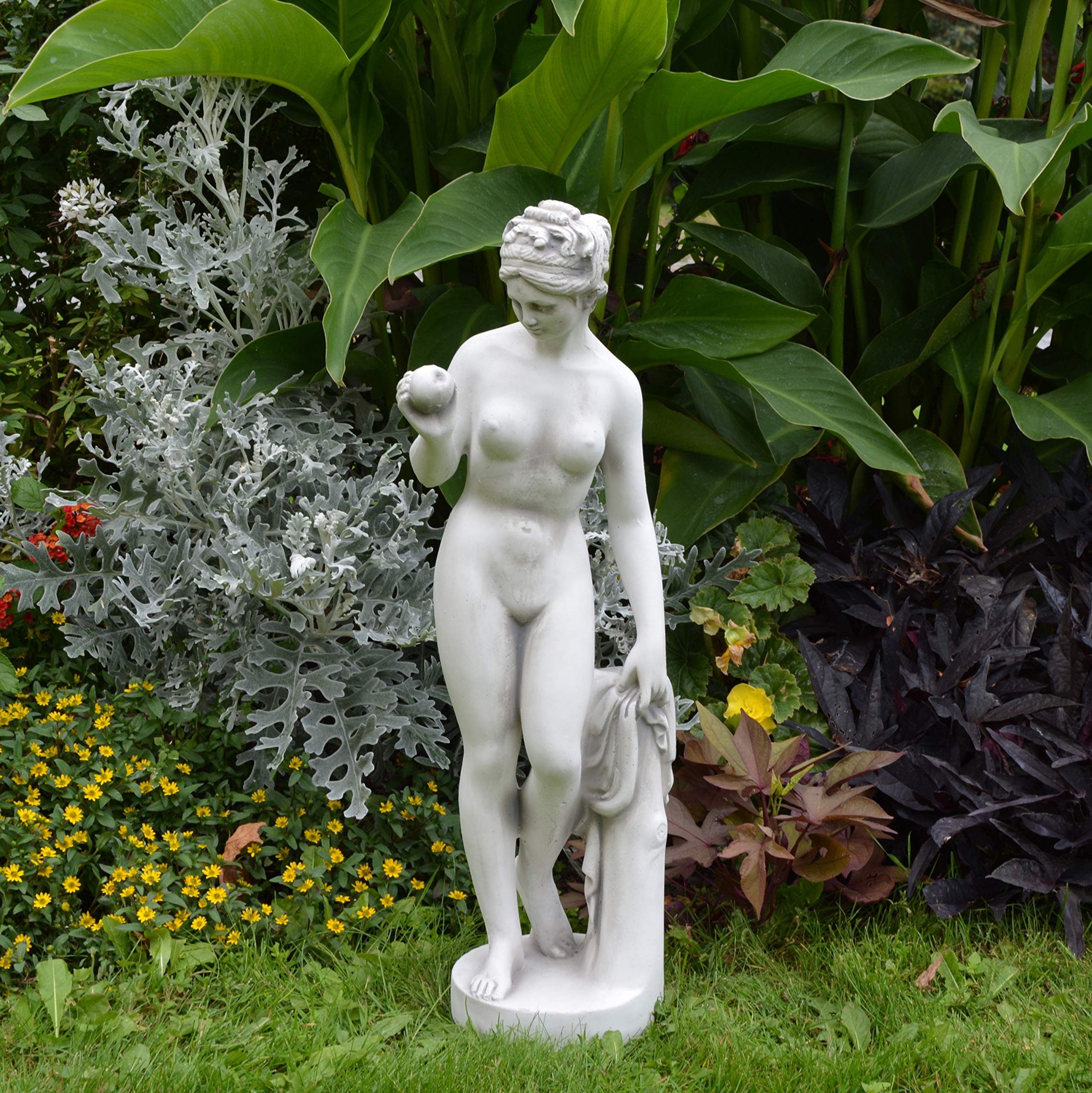 gartendekoparadies.de Statue der Venus mit Apfel, Steinfigur aus Steinguss, Weißbeton, Grau, Frostsicher für Außenbereich, H. 59 cm, 9 kg