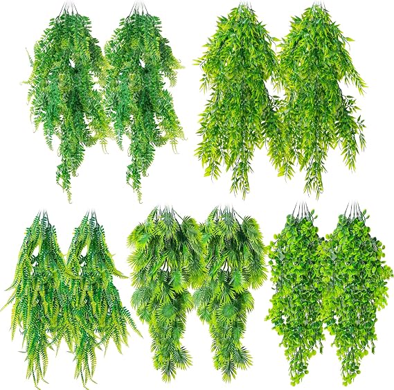 CousDUoBe 10 Pcs Reptile Plants Decorations,Terrarium Hanging Plants Vines Artificial Leaves Habitat Decorations with Suction Cup for Bearded Dragon Hermit Crab Lizard Snake Geckos Chameleon