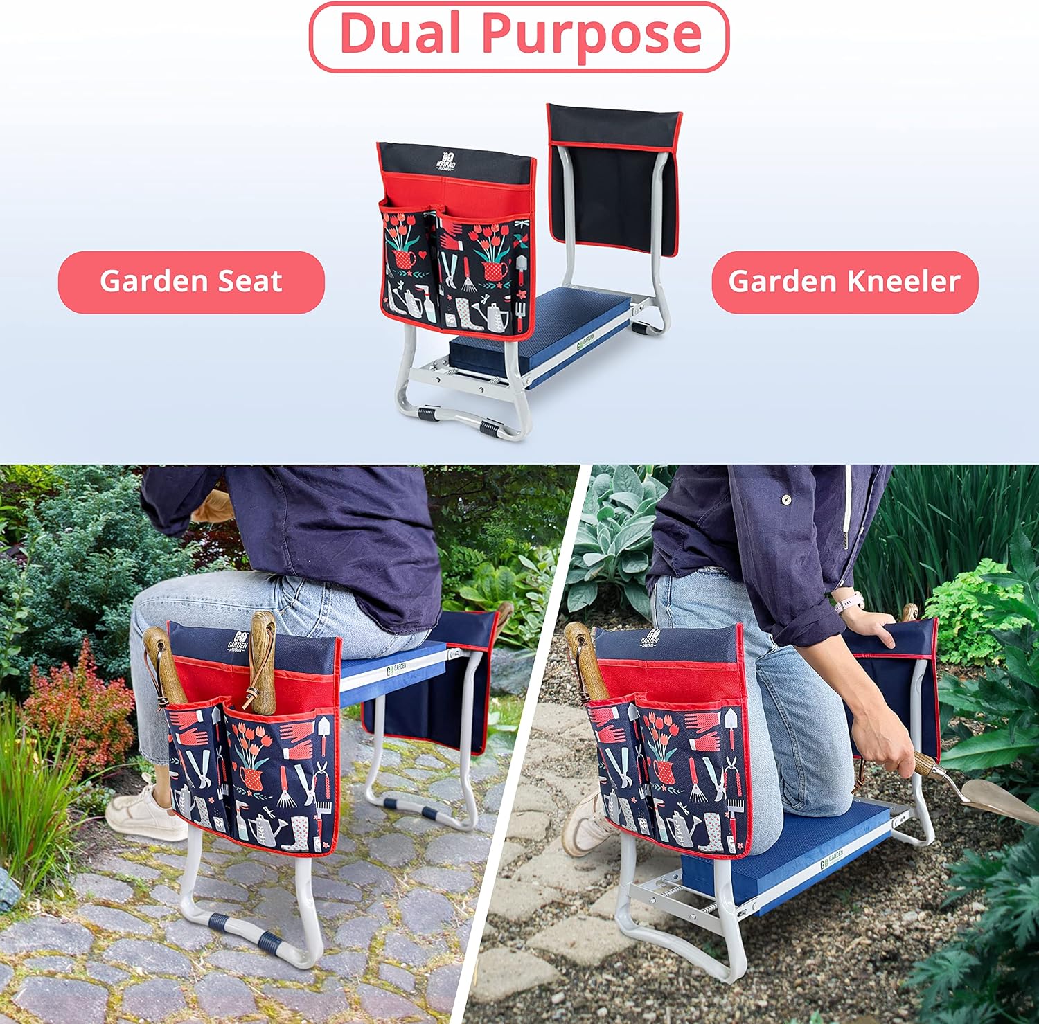 Foldable Garden Stool Kneeler with Two Tool Pouches - Premium Gardening Knee Pad and Seat Bench - Kneeling Cushion for Gardeners and Farmers - Tools and Accessories for Yard Work
