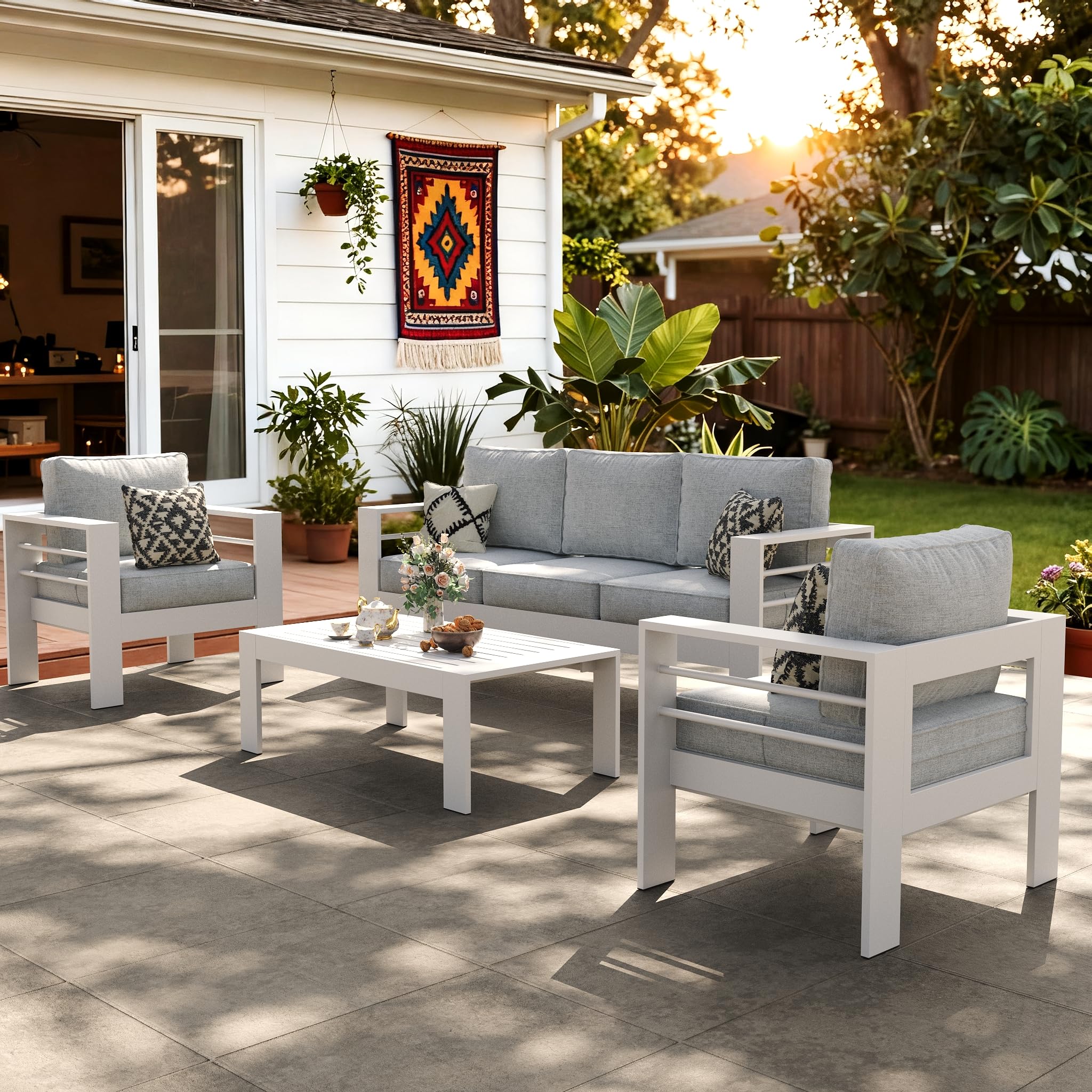 LayinSun Outdoor Aluminum Furniture Set, 4 Pieces Patio Sectional Conversation Chat Sofa Modern Seating Set with Coffee Table