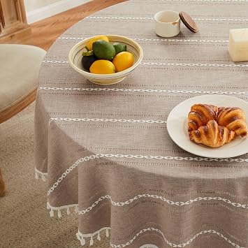 ZeeMart Hemstitched Striped Boho Table Cloth, 54 Inch Round Taupe | Heavy Weight Linen, Embroidery Stripe, Tassel Edge, Farmhouse Round Tablecloths, Wrinkle Resistant Washable Table Cloths