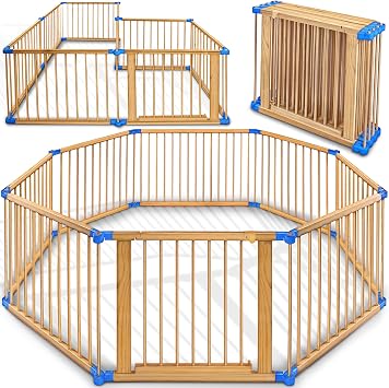 KIDUKU  Wooden Baby Child Playpen XXL Foldable Incl. Door, Consisting of 8 Panels, Individually Adjustable Large Play Pen Portable for Toddlers